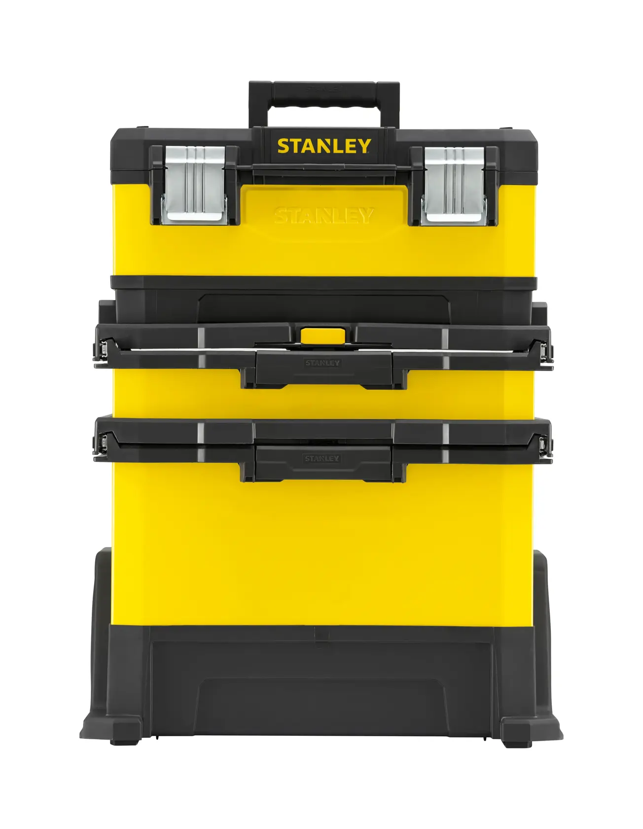 Front view photo of STANLEY 1-95-621 yellow and black rolling tool chest with three compartments and top handle.