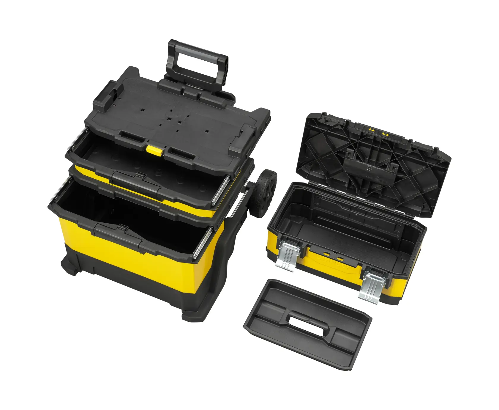 STANLEY 1-95-621 mobile tool box set with detachable compartments, black and yellow, shown open, angled top view.