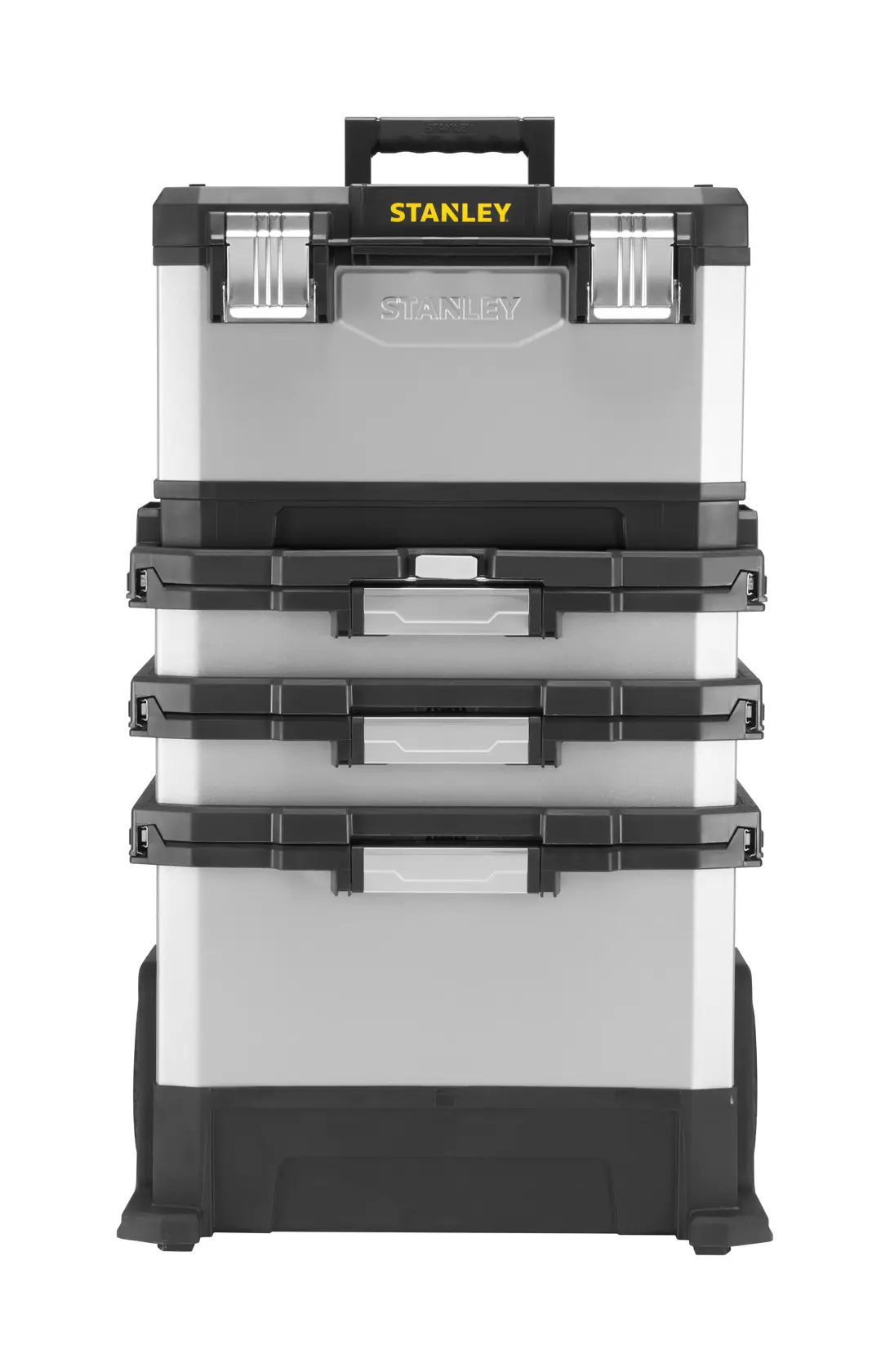 STANLEY 1-95-622 rolling toolbox with three drawers, silver and black, front view, white background.