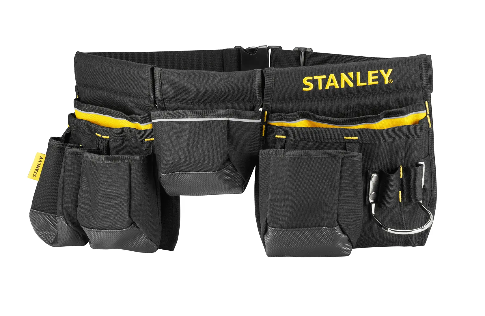 STANLEY 1-96-178 schwarzer Werkzeuggürtel mit mehreren Taschen und gelben Details, Vorderansicht auf weißem Hintergrund.