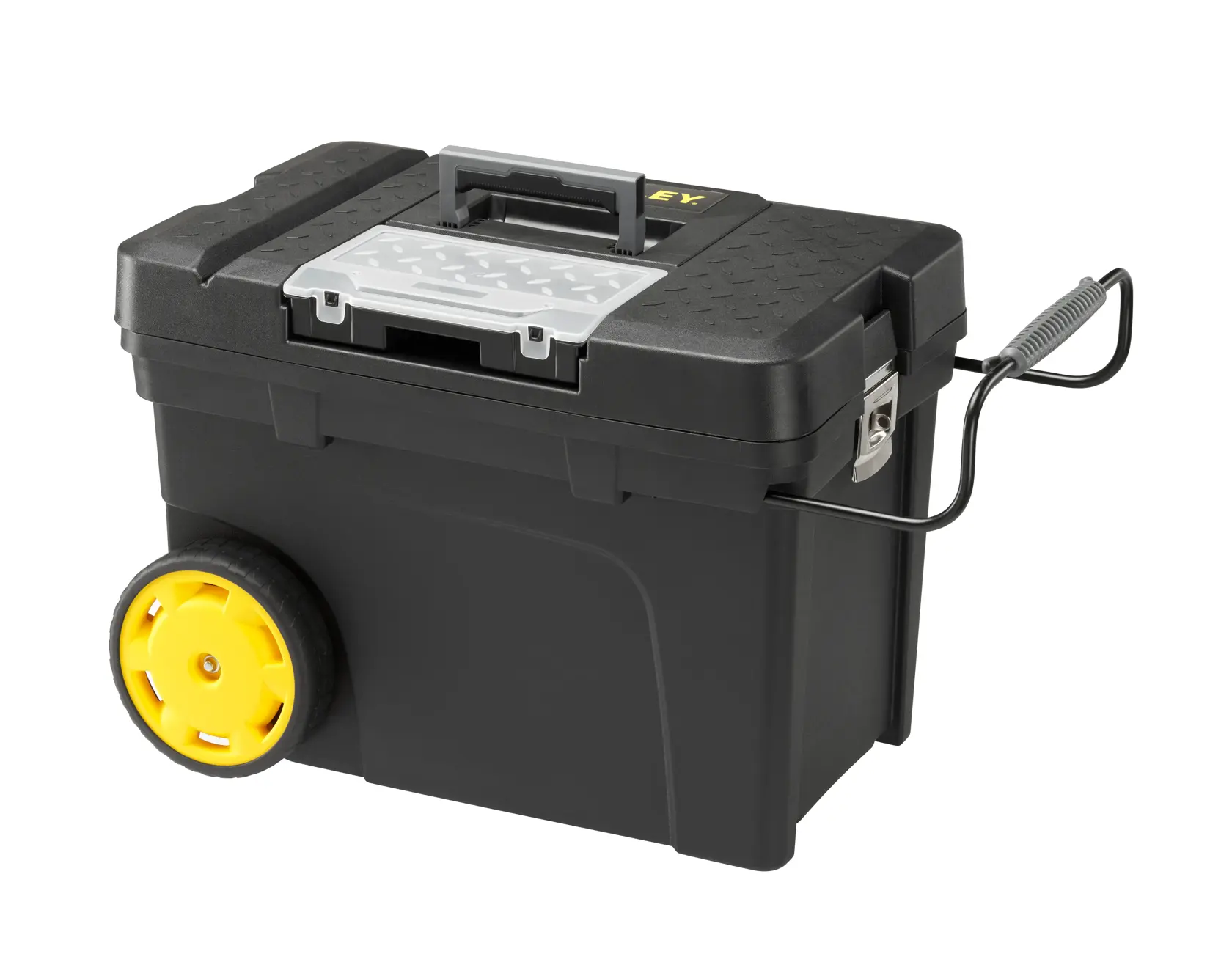 STANLEY 1-97-503 Rollwerkzeugkasten mit gelben Rädern, schwarzem Gehäuse und oberem Organizer, Frontansicht.