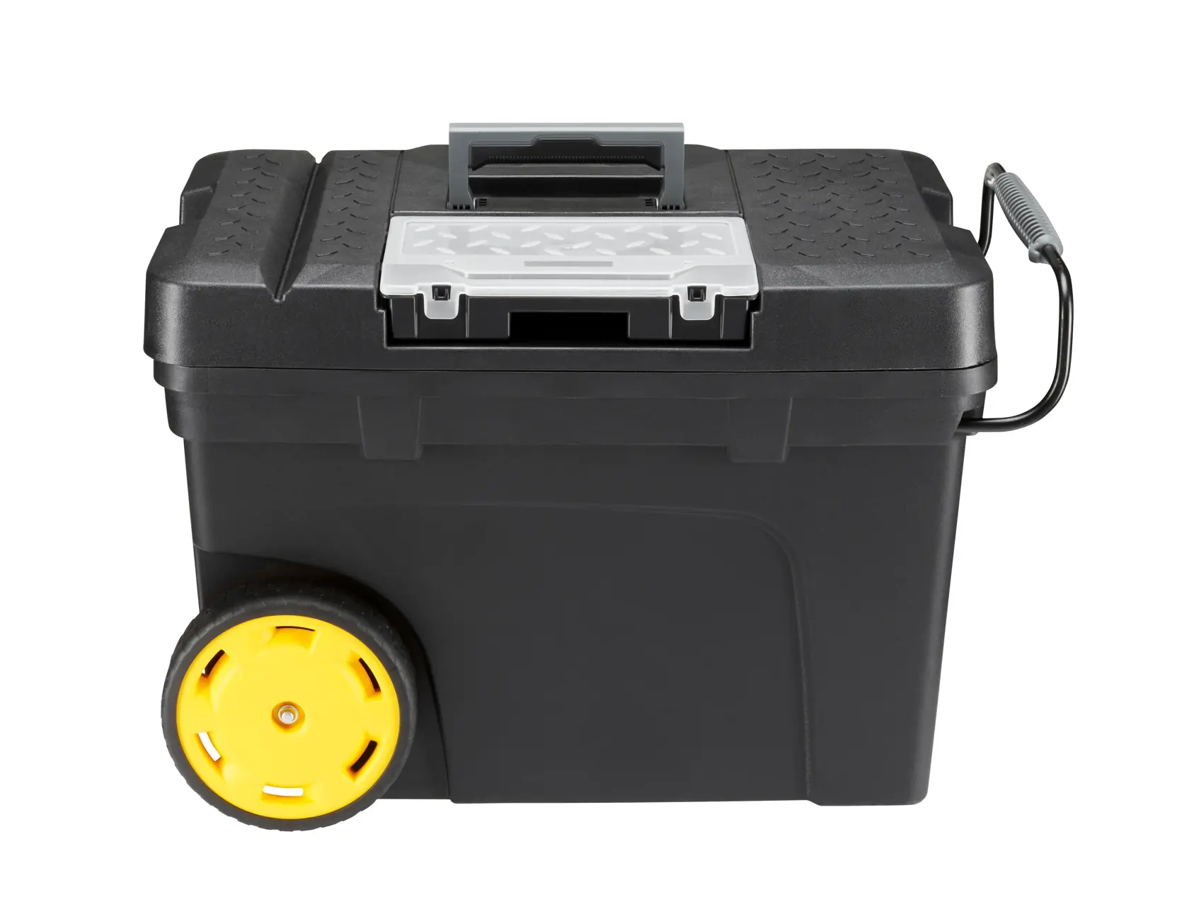 STANLEY 1-97-503 Rollwerkzeugkasten mit gelben Rädern, schwarzem Korpus, grauem Deckel, Frontansicht.