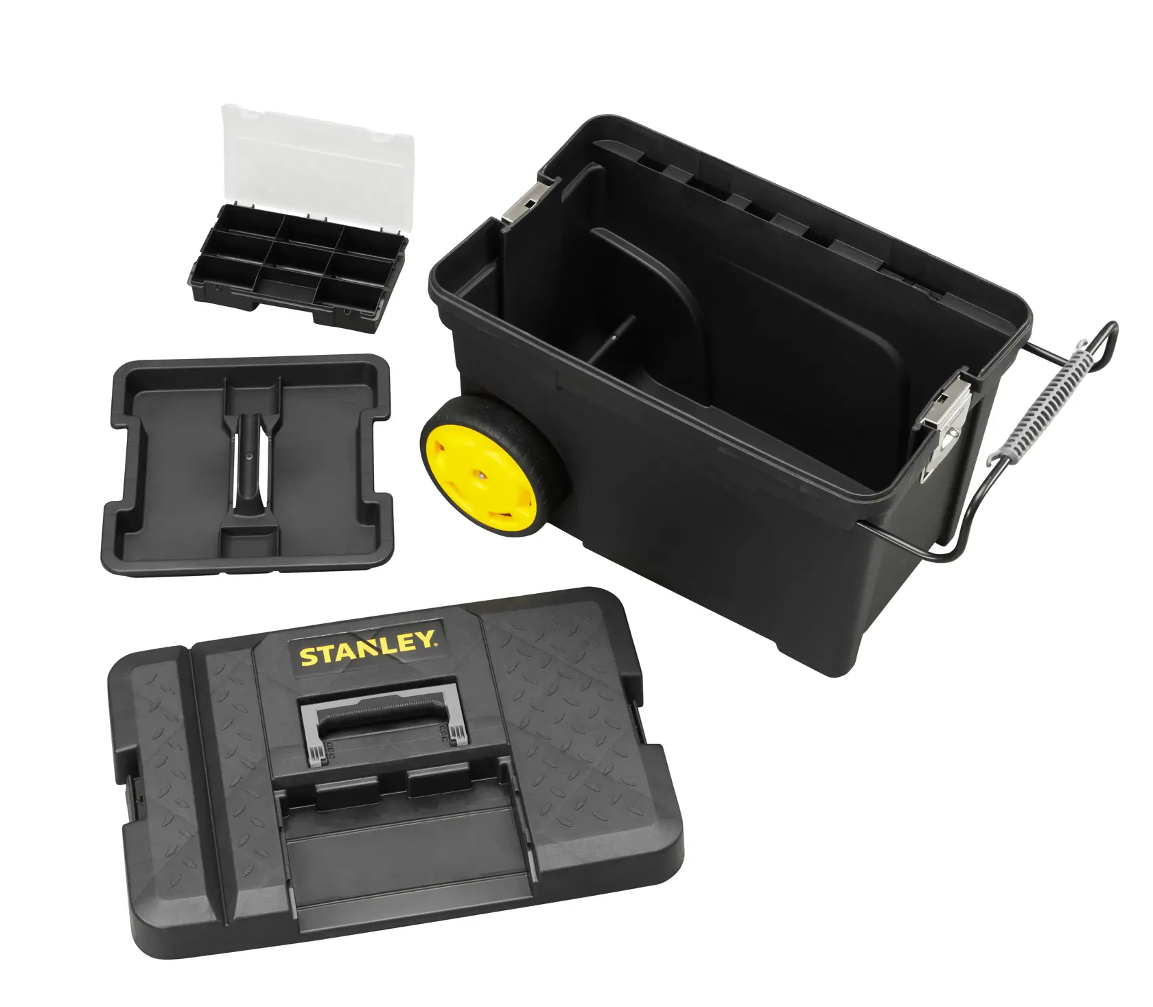 STANLEY 1-97-503 offener schwarzer rollender Werkzeugkasten mit gelben Rädern, herausnehmbarer Einsatz und Organizer, weißer Hintergrund.