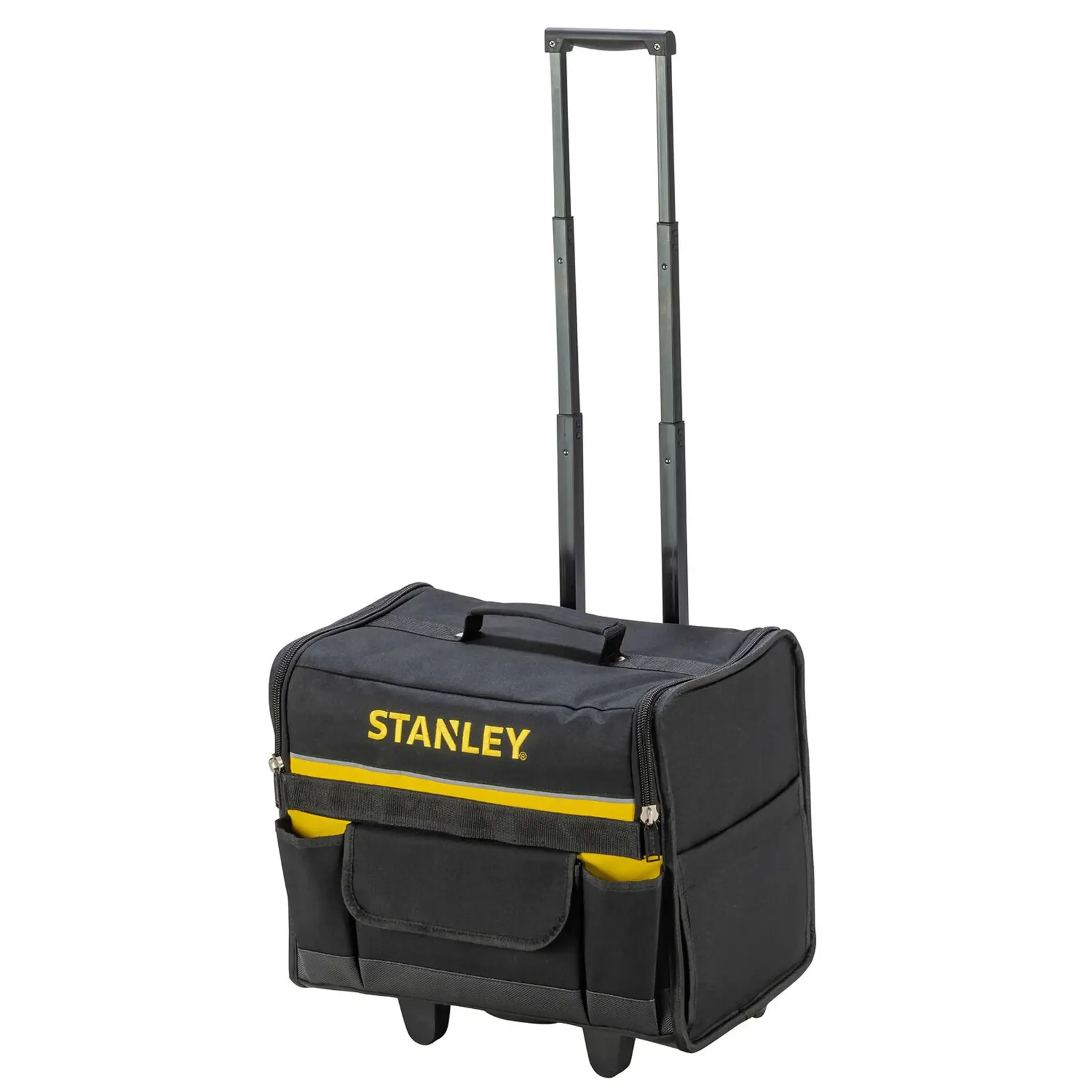 STANLEY 1-97-515 Rollwerkzeugtasche, schwarz mit gelbem Streifen, Vorderansicht, Teleskopgriff ausgefahren.