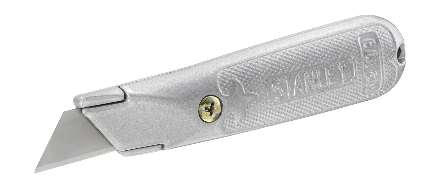 Silberner STANLEY Universalmesser mit scharfer Klinge und strukturiertem Griff, Modell 2-10-199.