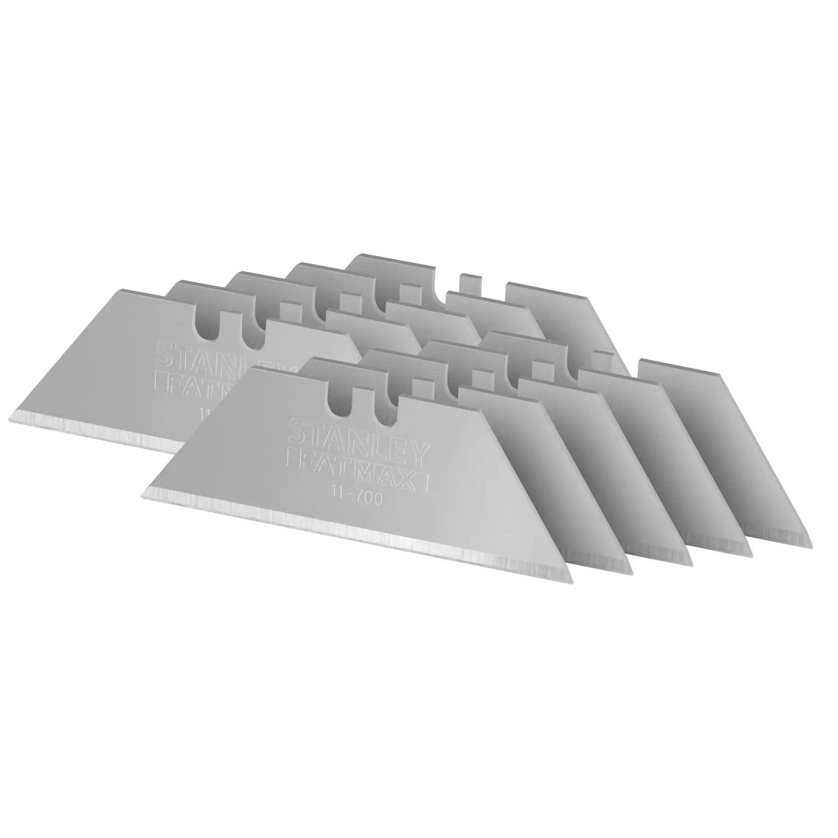 Photo of STANLEY 2-11-700 utility blades, silver, arranged in a row, product photography on white background.