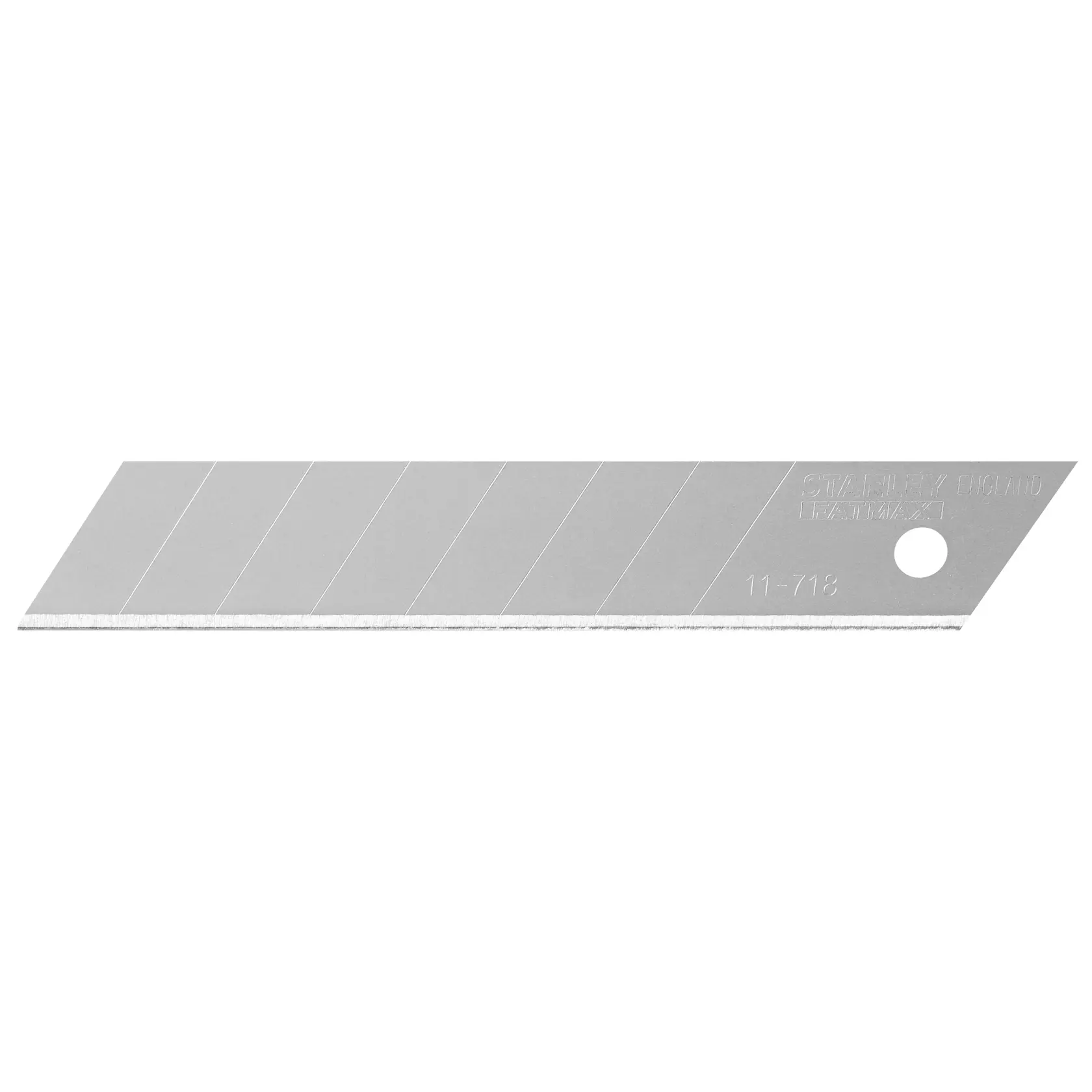 Photo of STANLEY 2-11-718 snap-off utility knife blade, silver, segmented for break-off, right side view on white background.