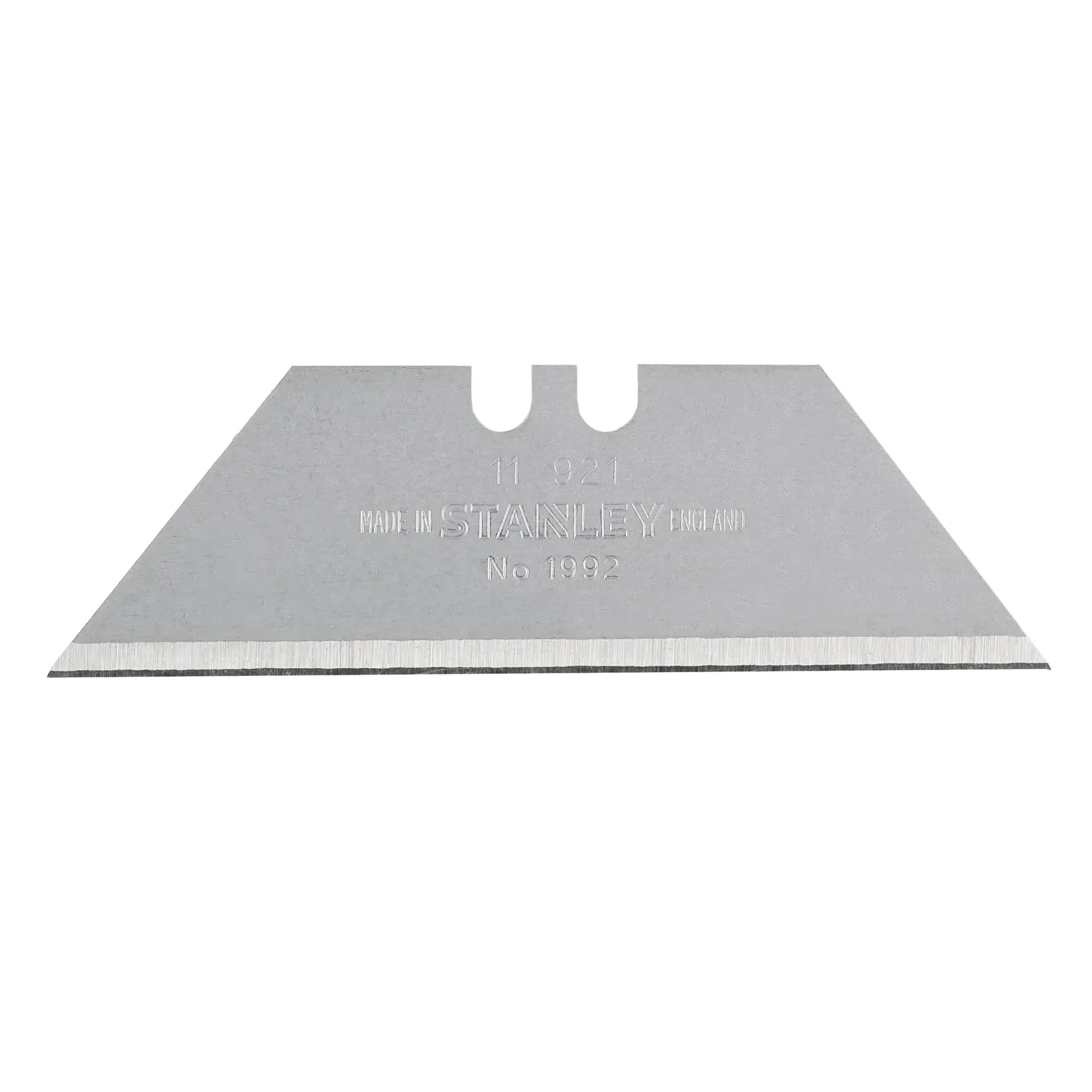 STANLEY 2-11-921 Universalmesser-Klinge, silber, mit gerader Schneide auf weißem Hintergrund, Vorderansicht.