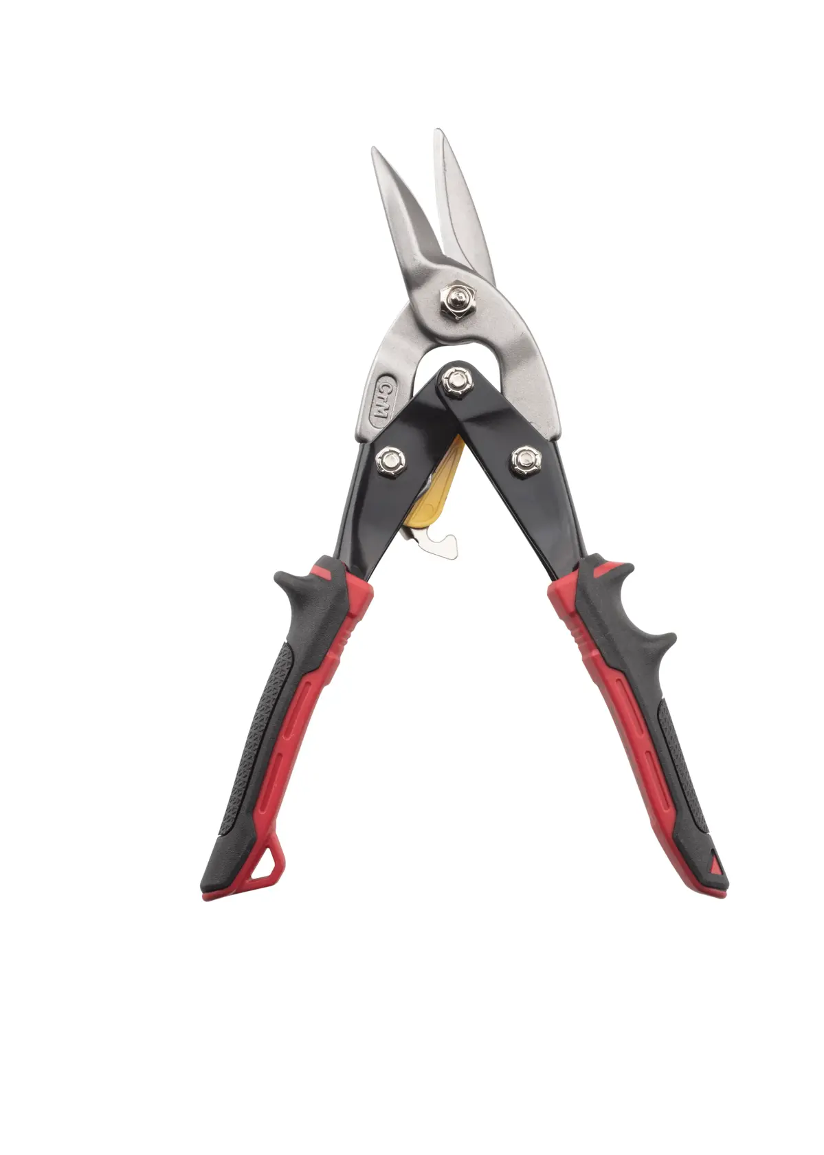 Stanley FatMax Blechschere mit roten und schwarzen Griffen für präzises Schneiden von Metallblechen.