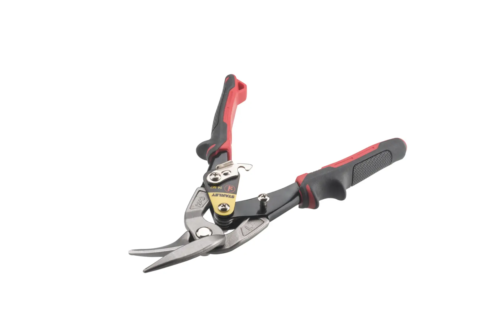 Photo of STANLEY 2-14-567 aviation snips with black and red handles, front view on white background.