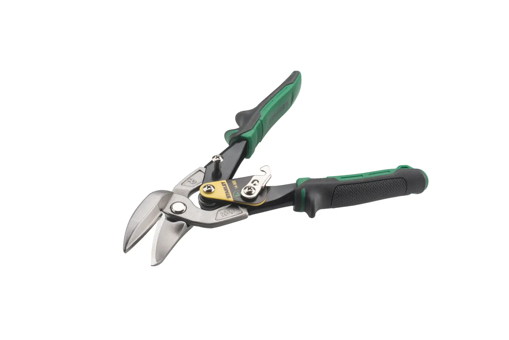 Stanley FatMax aviation snips with black and green handles for cutting sheet metal.