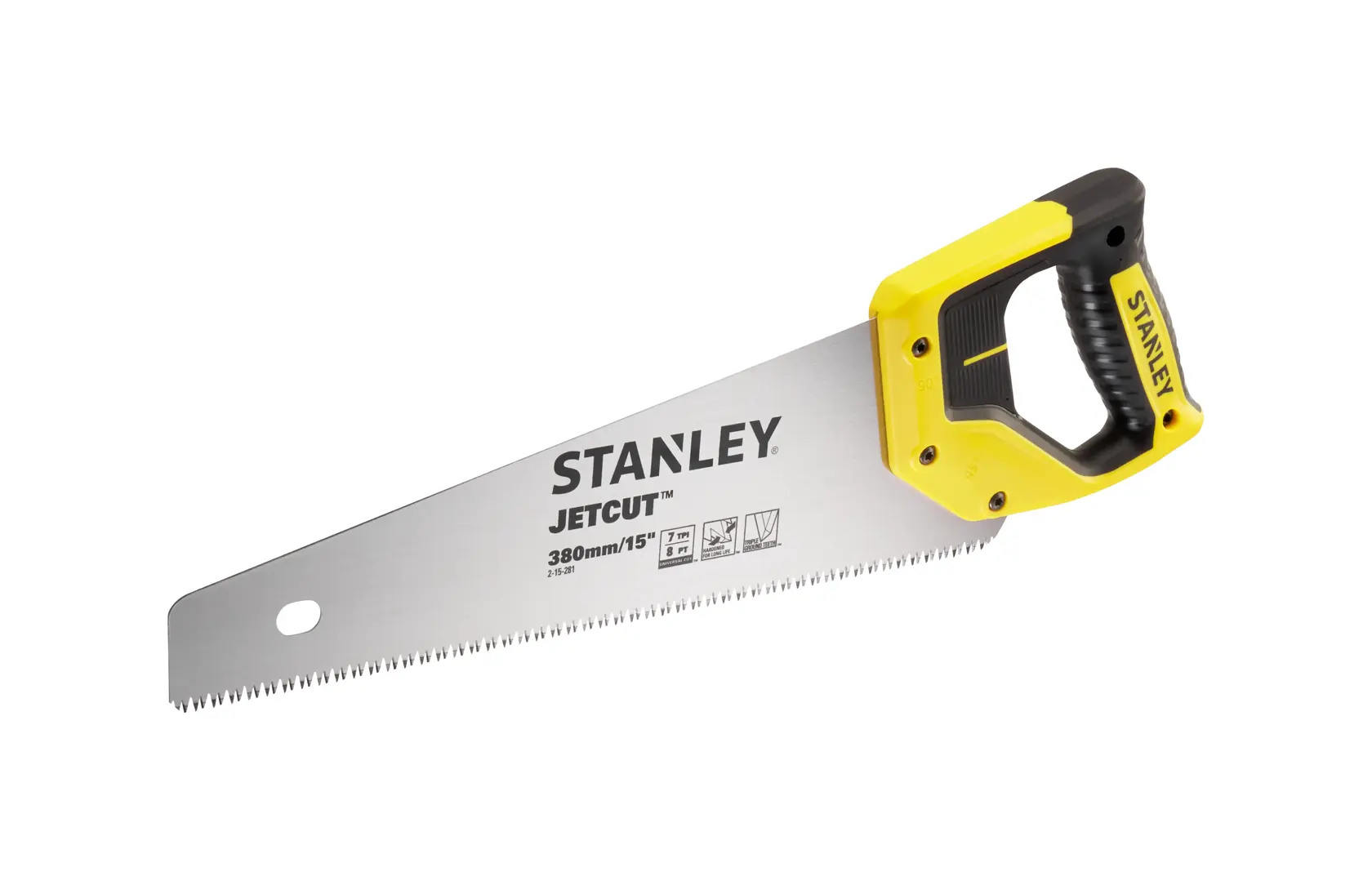 STANLEY 2-15-281 Handsäge mit gelbem Griff schneidet Holzbrett auf schwarzem Sägebock in Werkstatt.