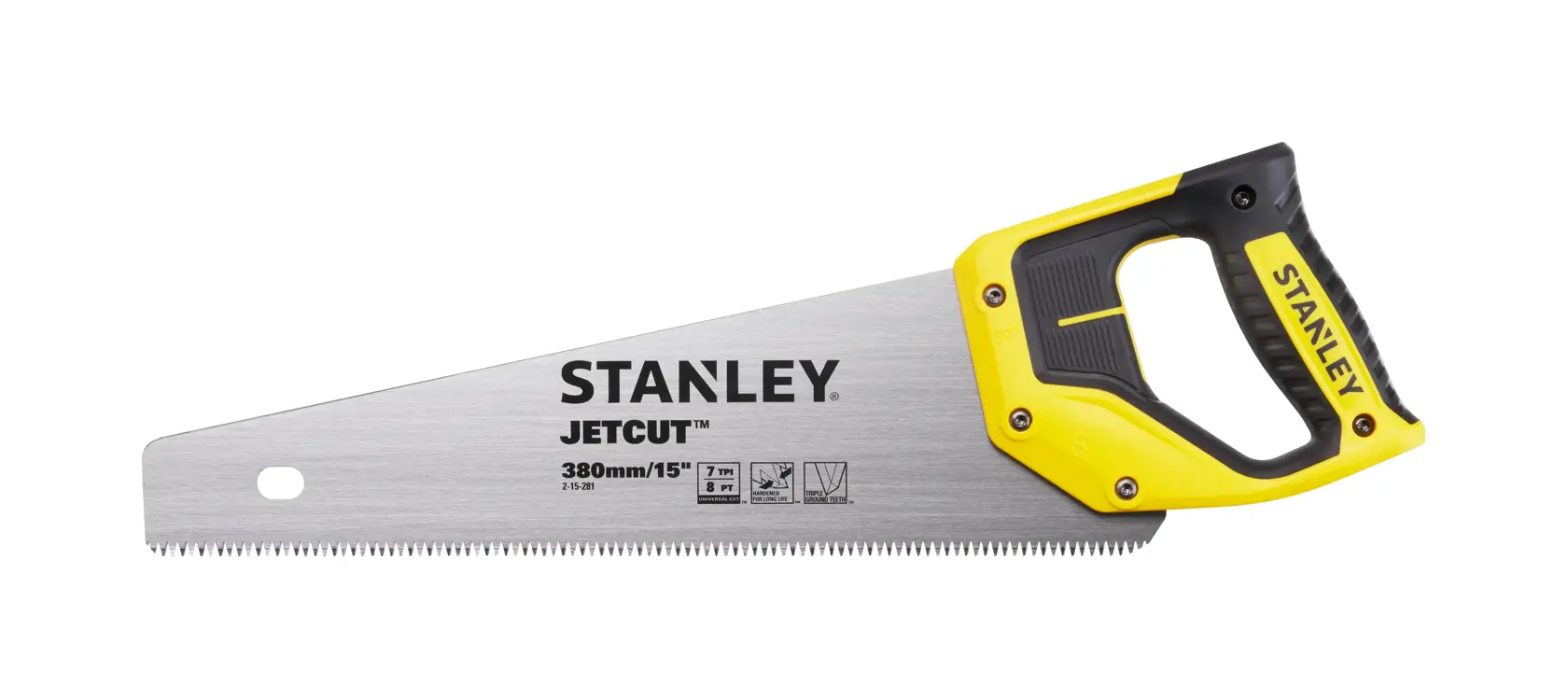 Fotografie STANLEY 2-15-281 Handsäge auf Holz, Arbeiter mit STANLEY Handschuhen markiert Schnittlinie.