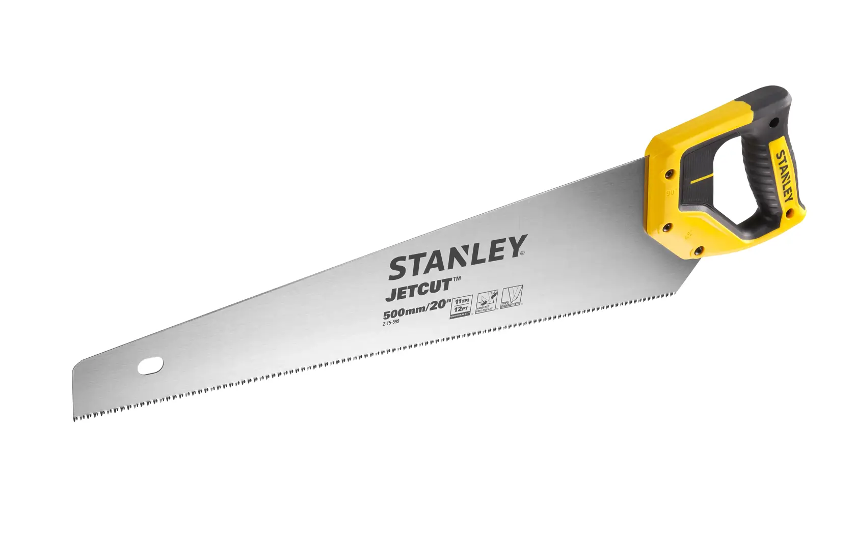STANLEY 2-15-599 Handsäge JetCut Klingen-Nahaufnahme beim Holzschnitt, Fotografie Seitenansicht.