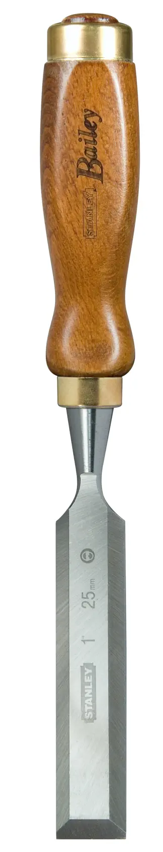 STANLEY wood chisel with a wooden handle and a sharp metal blade, ideal for woodworking.