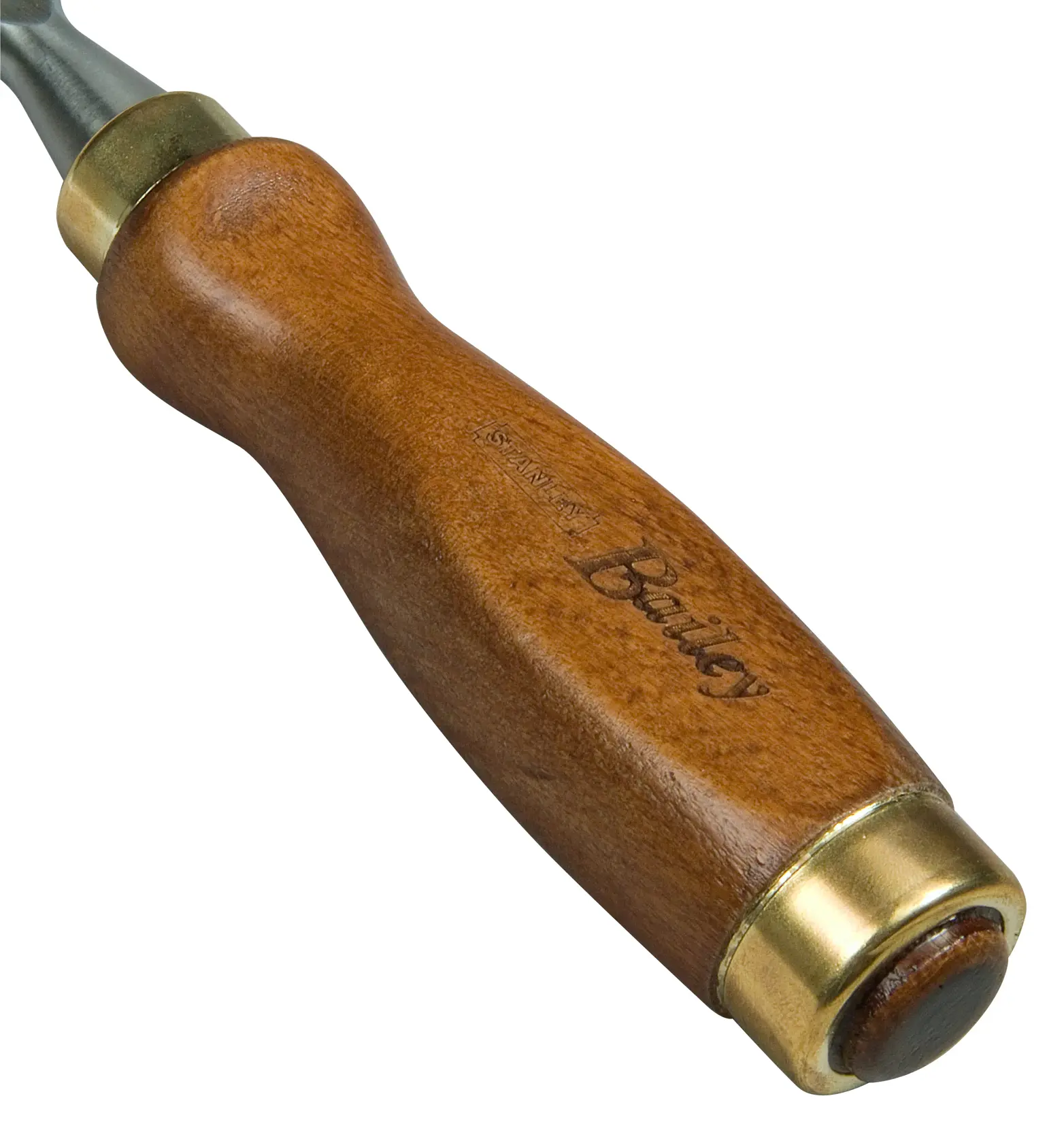 Close-up of a Stanley Bailey wooden handle with brass details, part of a hand tool.