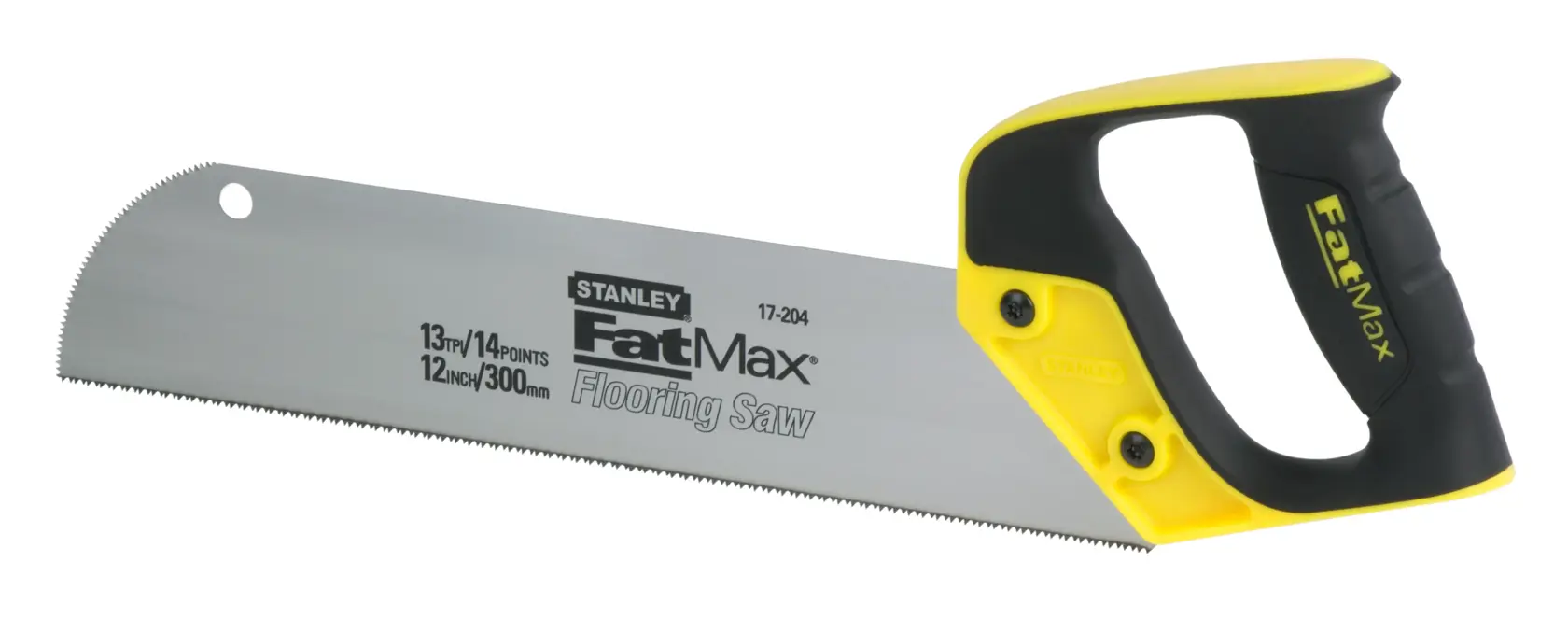Photo of STANLEY 2-17-204 FatMax flooring saw with black and yellow ergonomic handle, side view on white background.