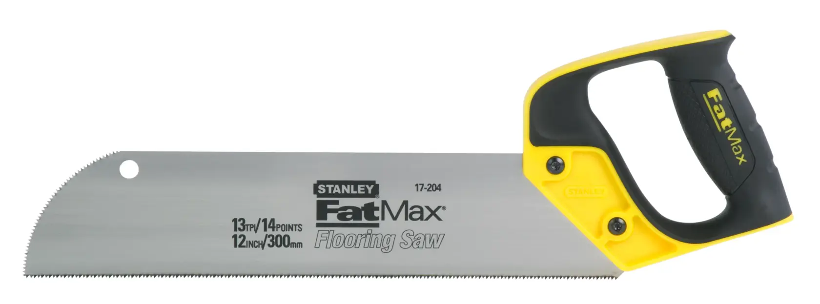 Photo of STANLEY 2-17-204 FatMax flooring saw with yellow and black handle, straight blade, angled view on white background.