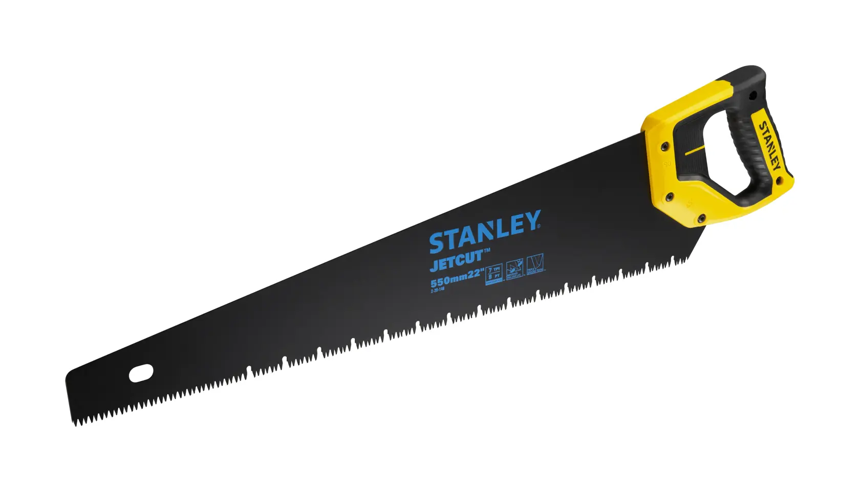 STANLEY 2-20-149 Handsäge mit schwarzem Blatt und ergonomischem gelb-schwarzem Griff, Seitenansicht, Fotografie.