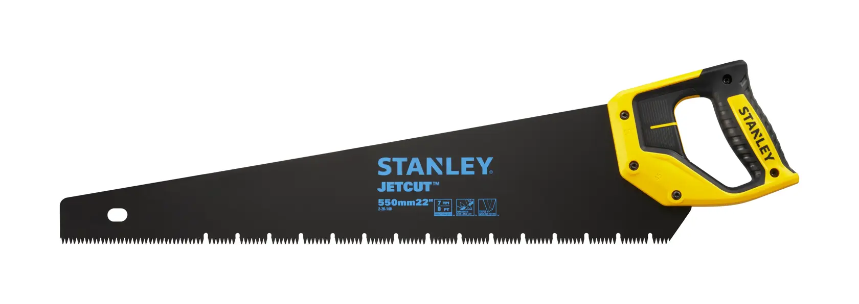 STANLEY 2-20-149 Handsäge mit schwarzem Blatt, gelb-schwarzem ergonomischem Griff, Seitenansicht, weißer Hintergrund.