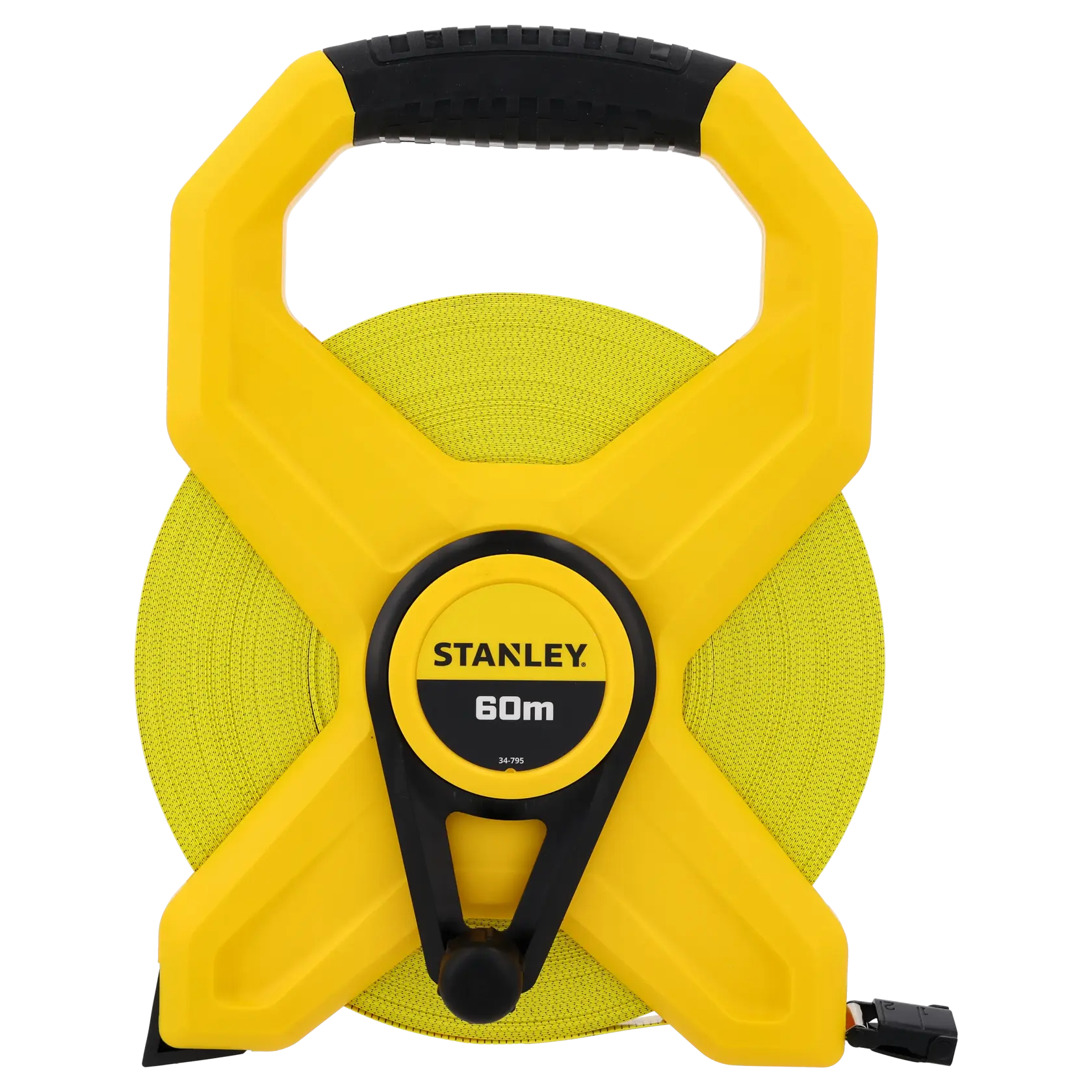 STANLEY 2-34-795 Maßband, 60m, gelb und schwarz, Vorderansicht auf weißem Hintergrund, Handkurbel-Design.