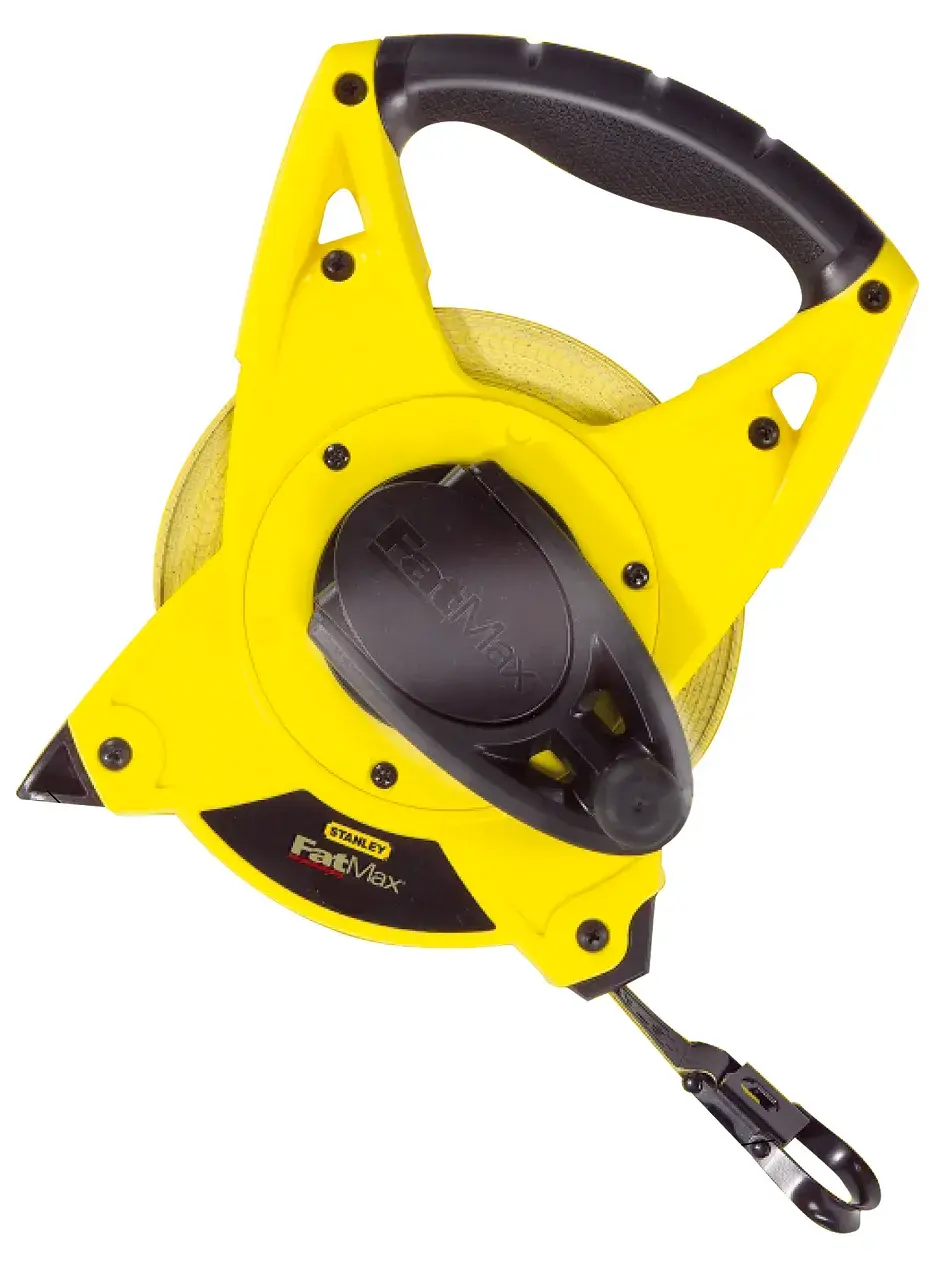 STANLEY 2-34-814 tape reel, yellow and black, front angle, ergonomically designed handle.