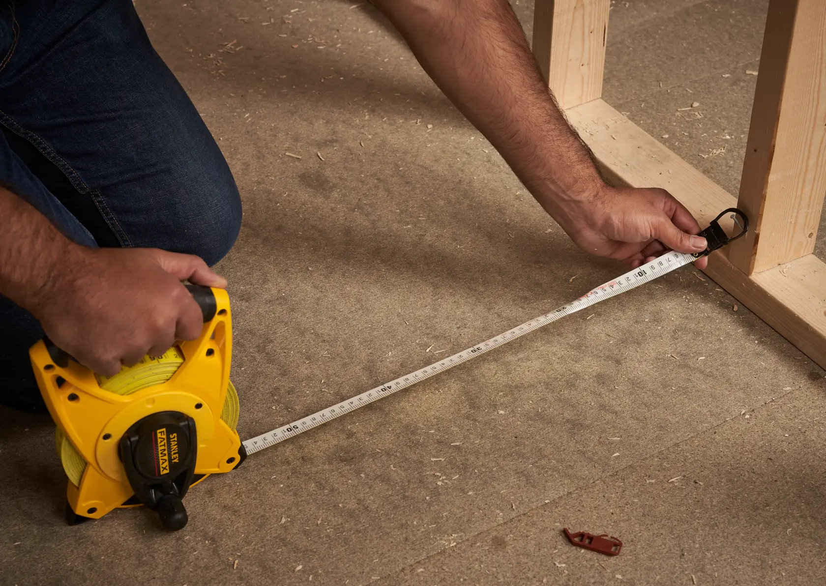STANLEY 2-34-814 open reel tape measure used on construction floor, yellow case, person measuring wood frame.
