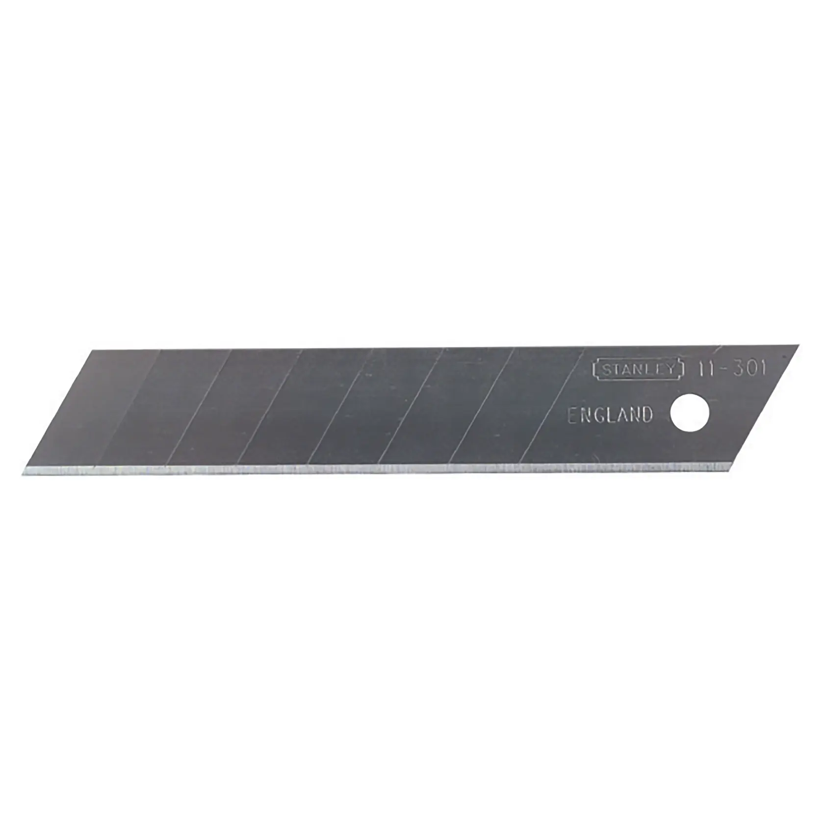 STANLEY 3-11-301 snap-off utility blade, silver, flat side view, segmented for breaking, white background.