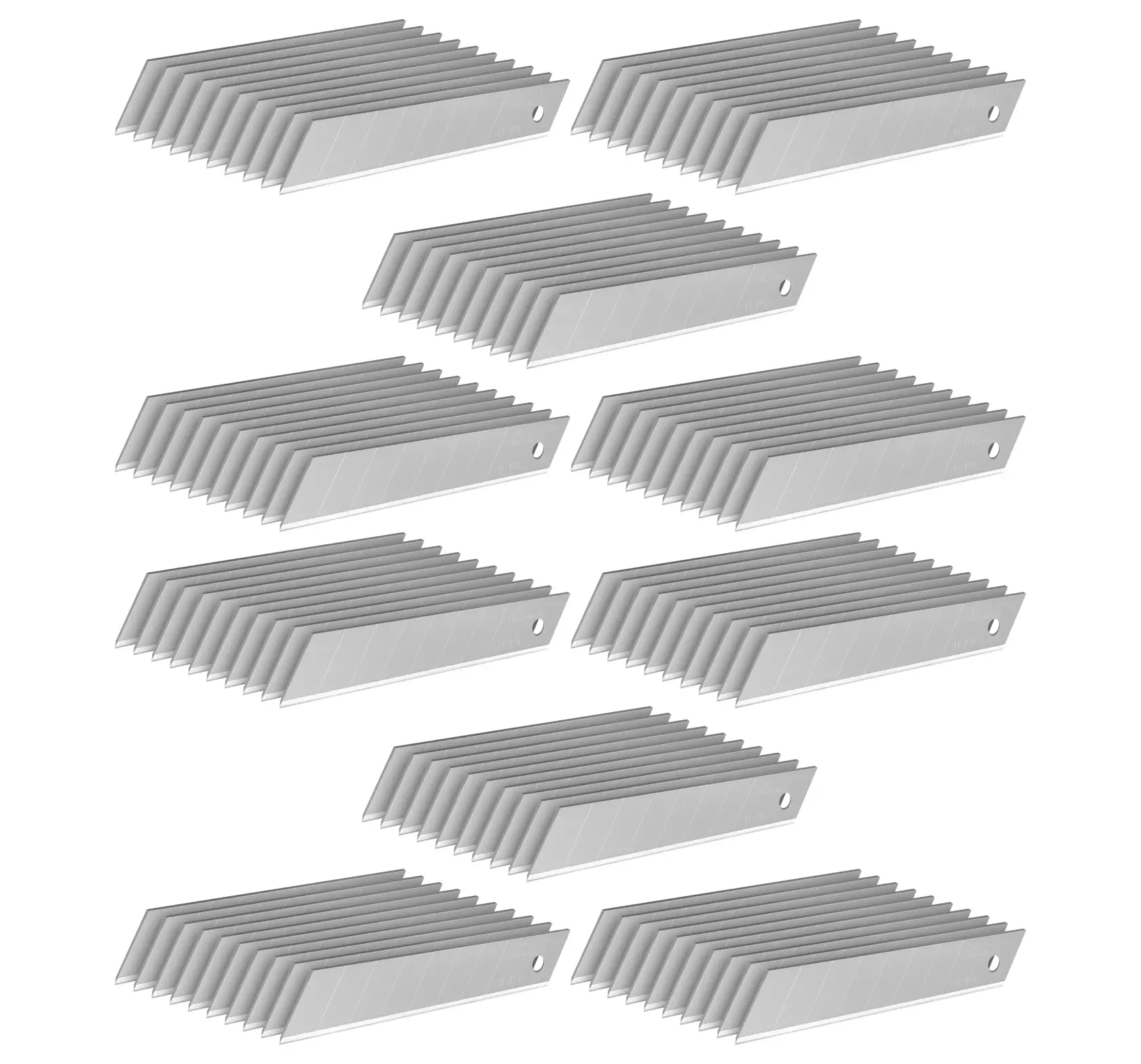 STANLEY 3-11-718 utility knife blades, photography, side angle, ten packs of silver segmented blades.
