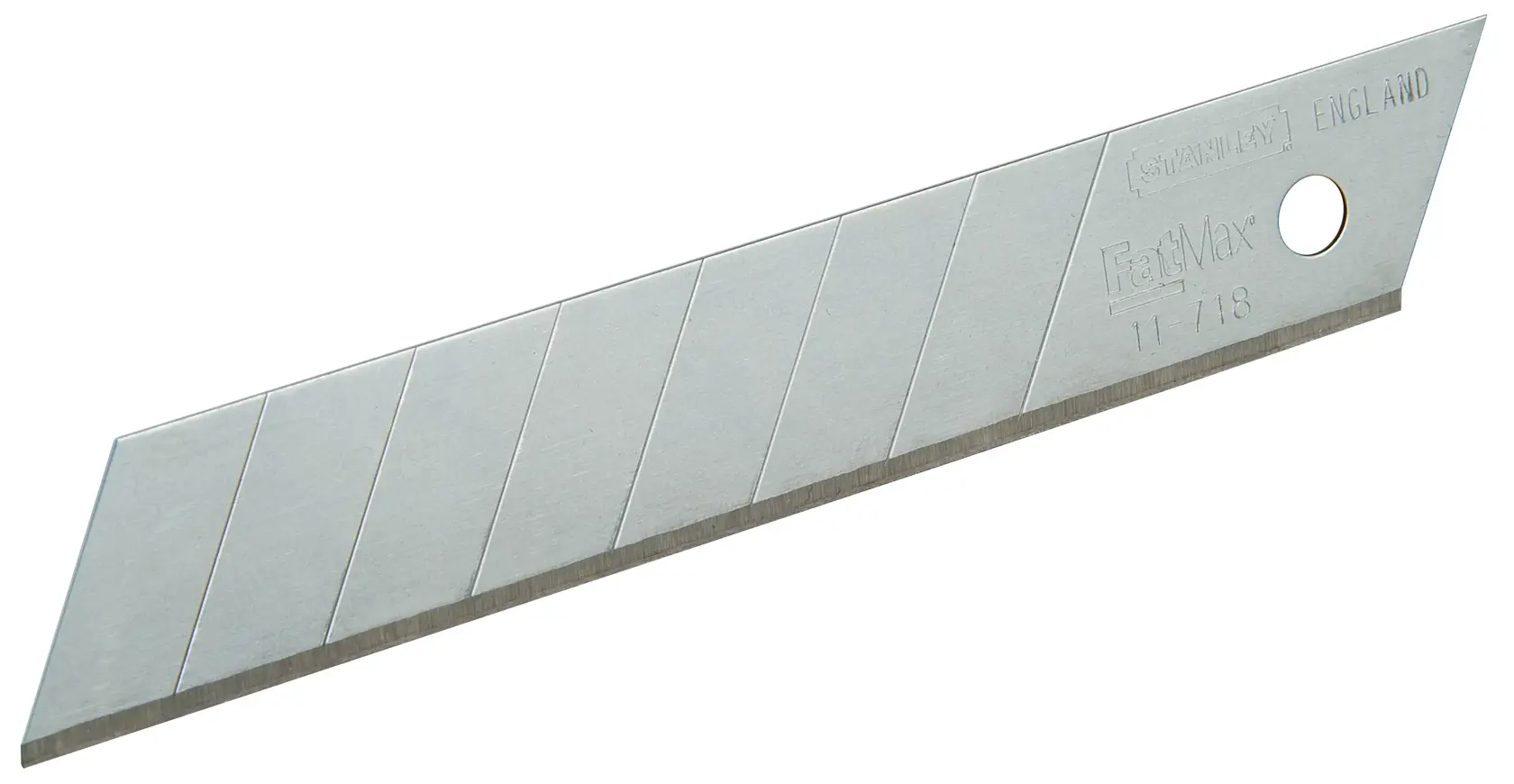 STANLEY 3-11-718 segmented utility knife blade, silver, angled edge, single blade, product photography on white.