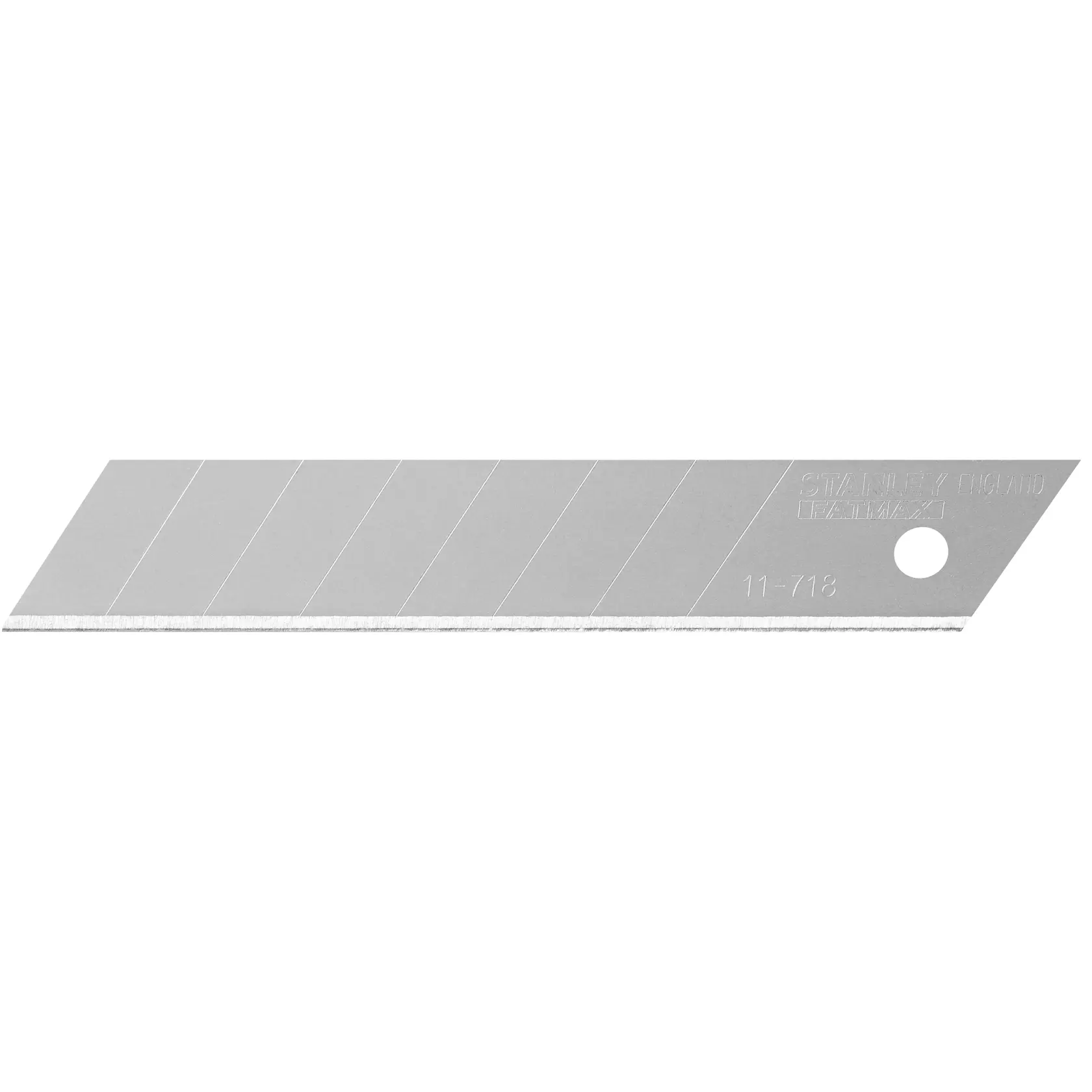 Silver snap-off utility blade with a hole on one end, used for cutting tasks and fits compatible utility knives.