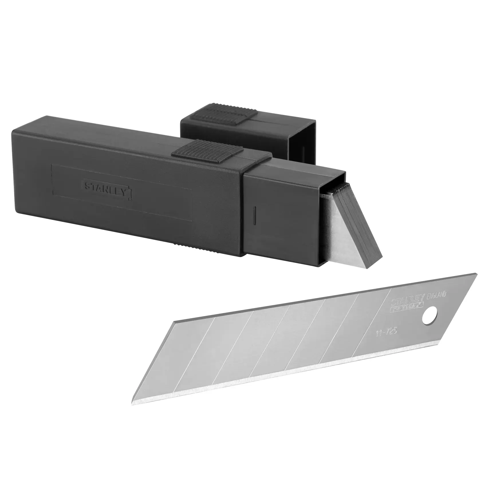 STANLEY 3-11-725 snap-off utility knife blades with black plastic storage case, angled side view on white background.