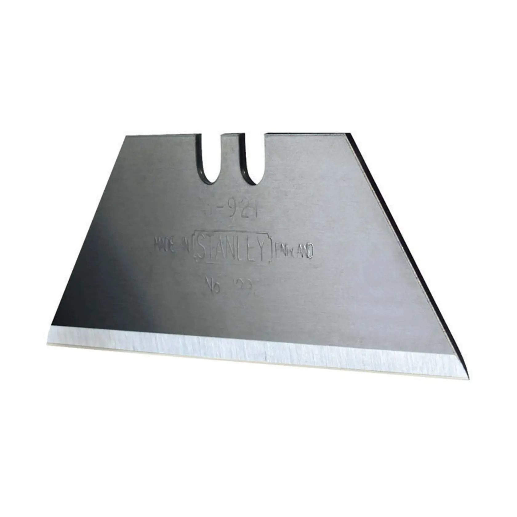 STANLEY 4-11-921 utility knife blade, silver color, photography with white background, sharp straight edge.