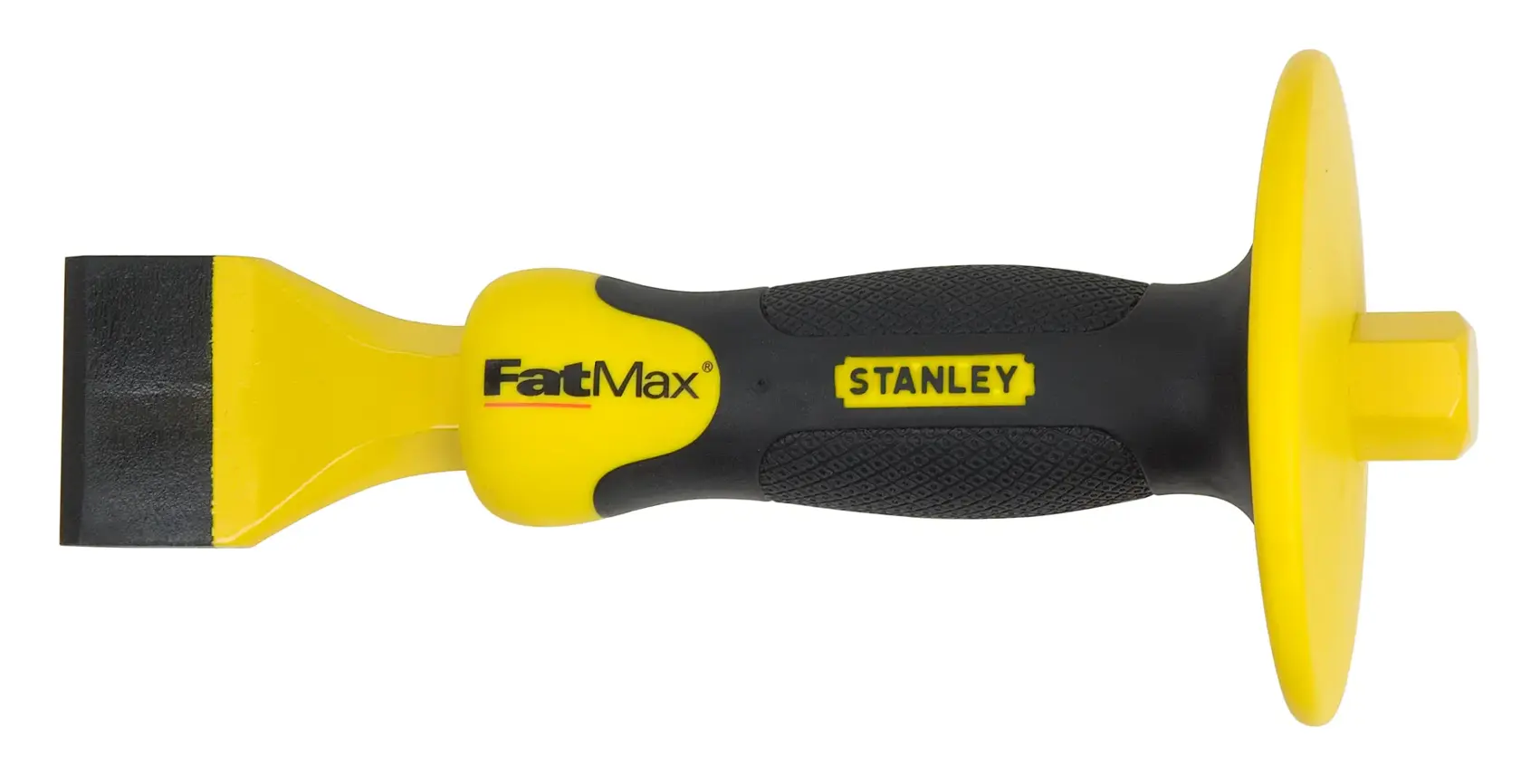 Stanley FatMax chisel with yellow and black handle and protective hand guard.