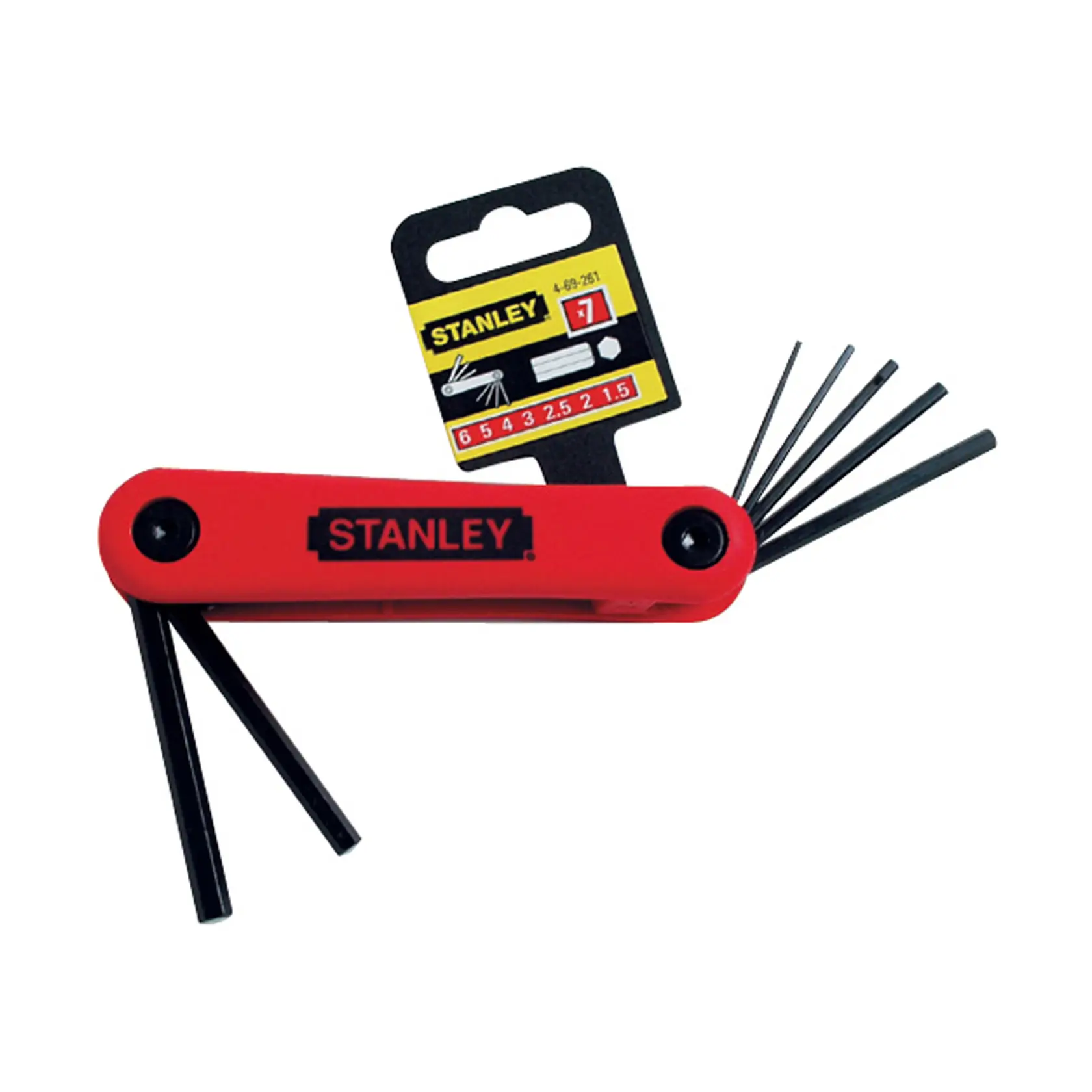 Stanley foldable hex key set with seven keys in a red handle, shown fanned out for display.