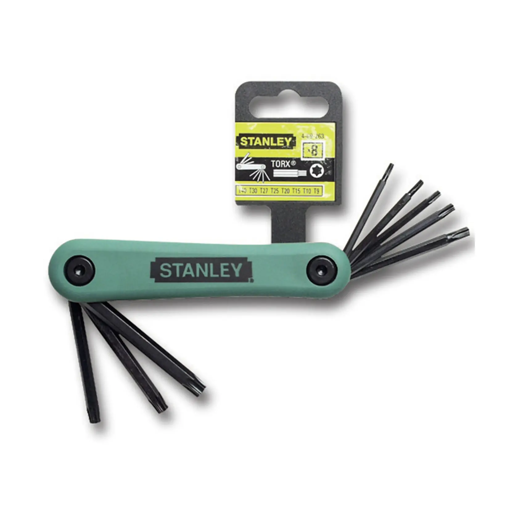 STANLEY 4-69-263 folding Torx key set with green handle, eight black keys extended, photography on white background.