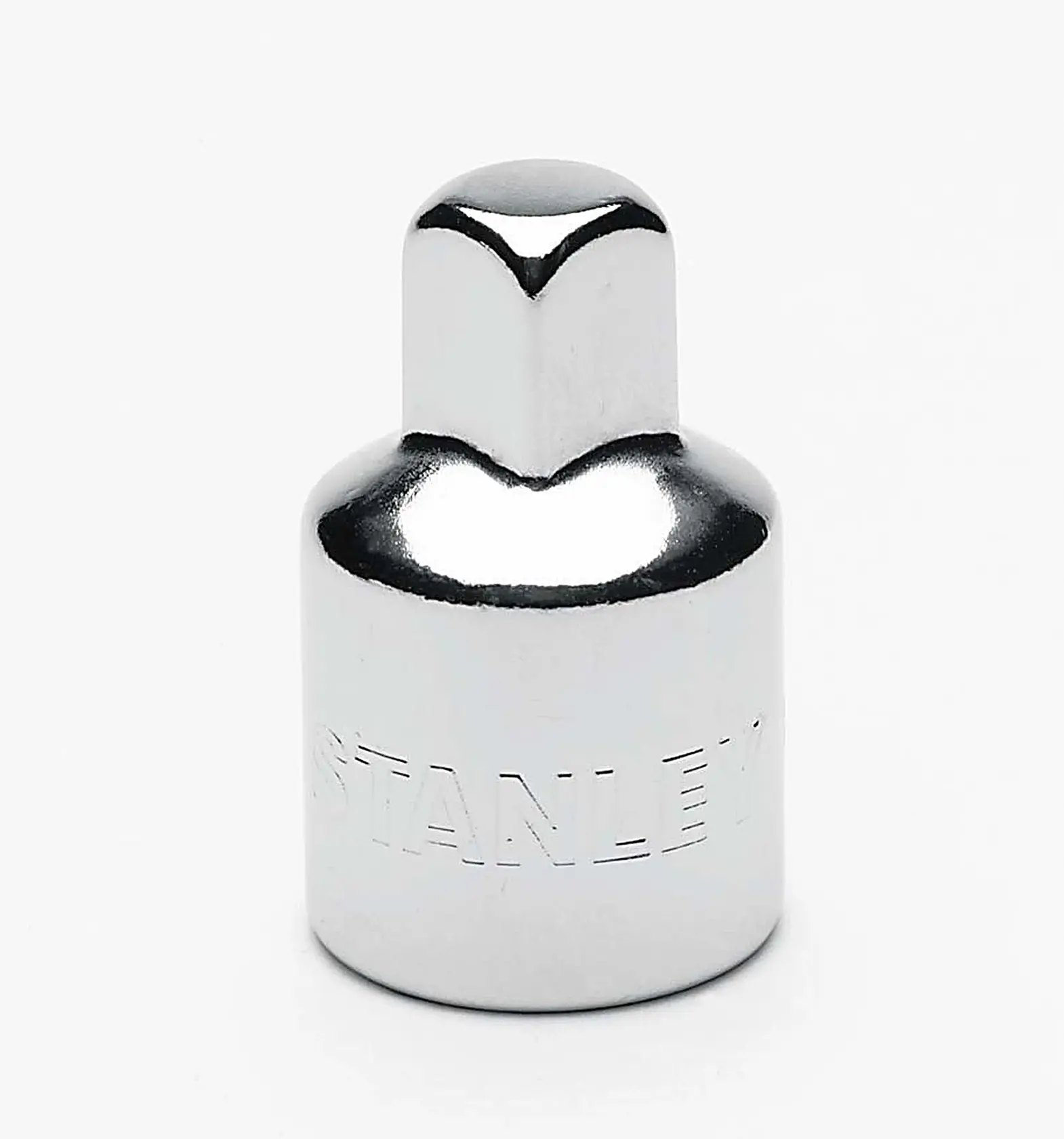 Photo of STANLEY 4-86-414 chrome hand tool socket adapter on white background, brand name engraved on side.