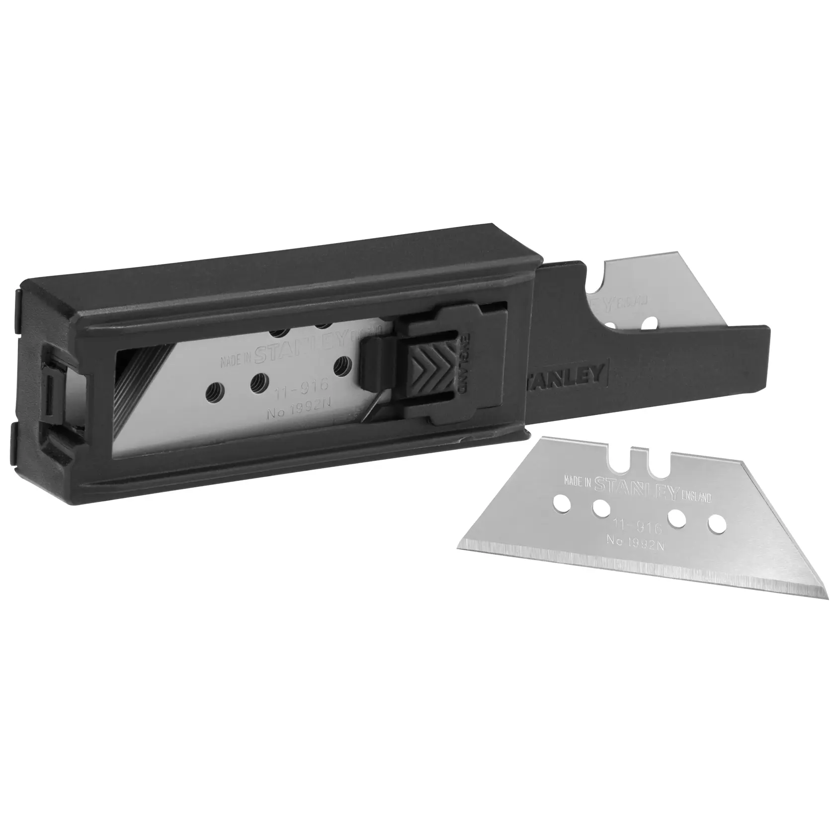 STANLEY 6-11-916 Verpackung mit Universalklingen, Dispenser und einzelnen Klingen, Frontansicht auf weißem Hintergrund.
