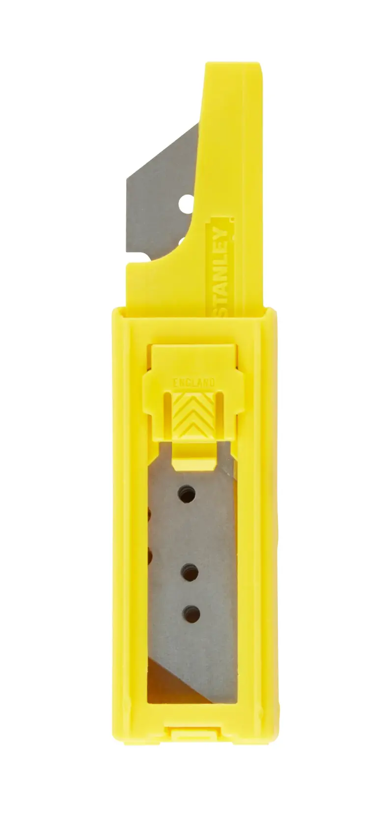 STANLEY 6-11-916 gelber Klingenbehälter mit sichtbaren Klingen, Vorderansicht, auf weißem Hintergrund.