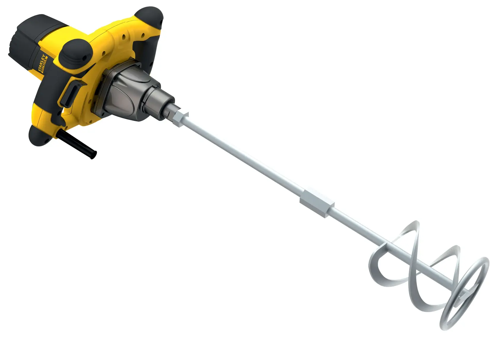Photo of STANLEY FME190 electric mixer with spiral paddle, black and yellow, side angle on white background.