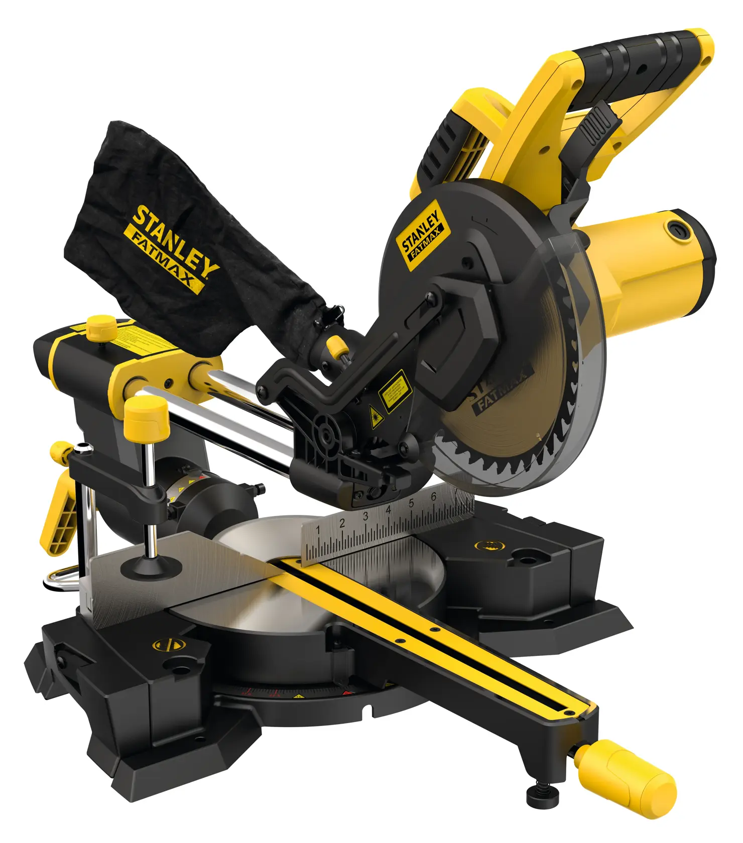 Photo of STANLEY FME721-QS sliding compound miter saw, yellow and black, angled on white background.