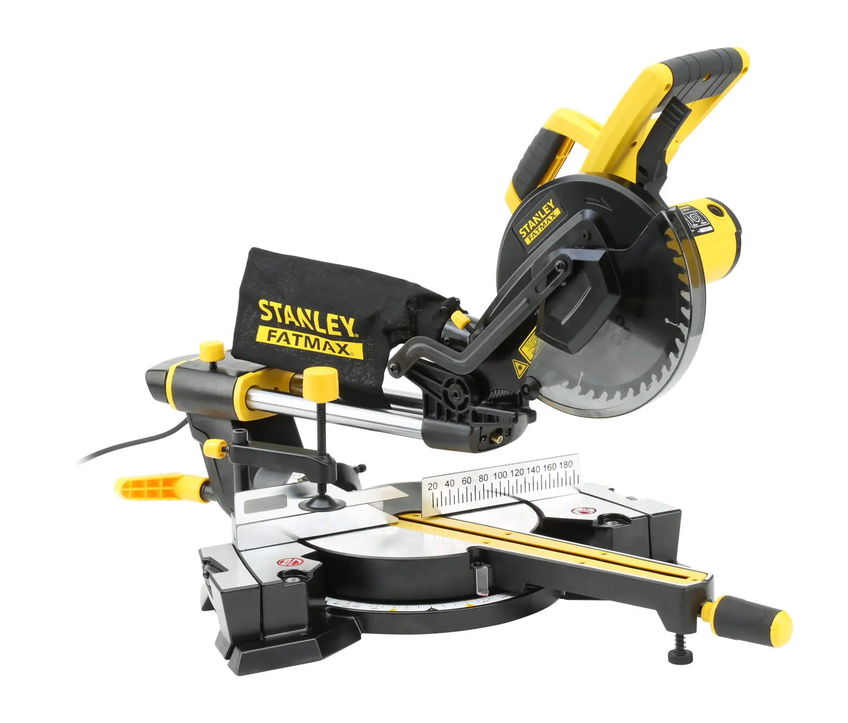 Stanley FatMax electric miter saw with measuring guide and dust bag, designed for precision cutting tasks.