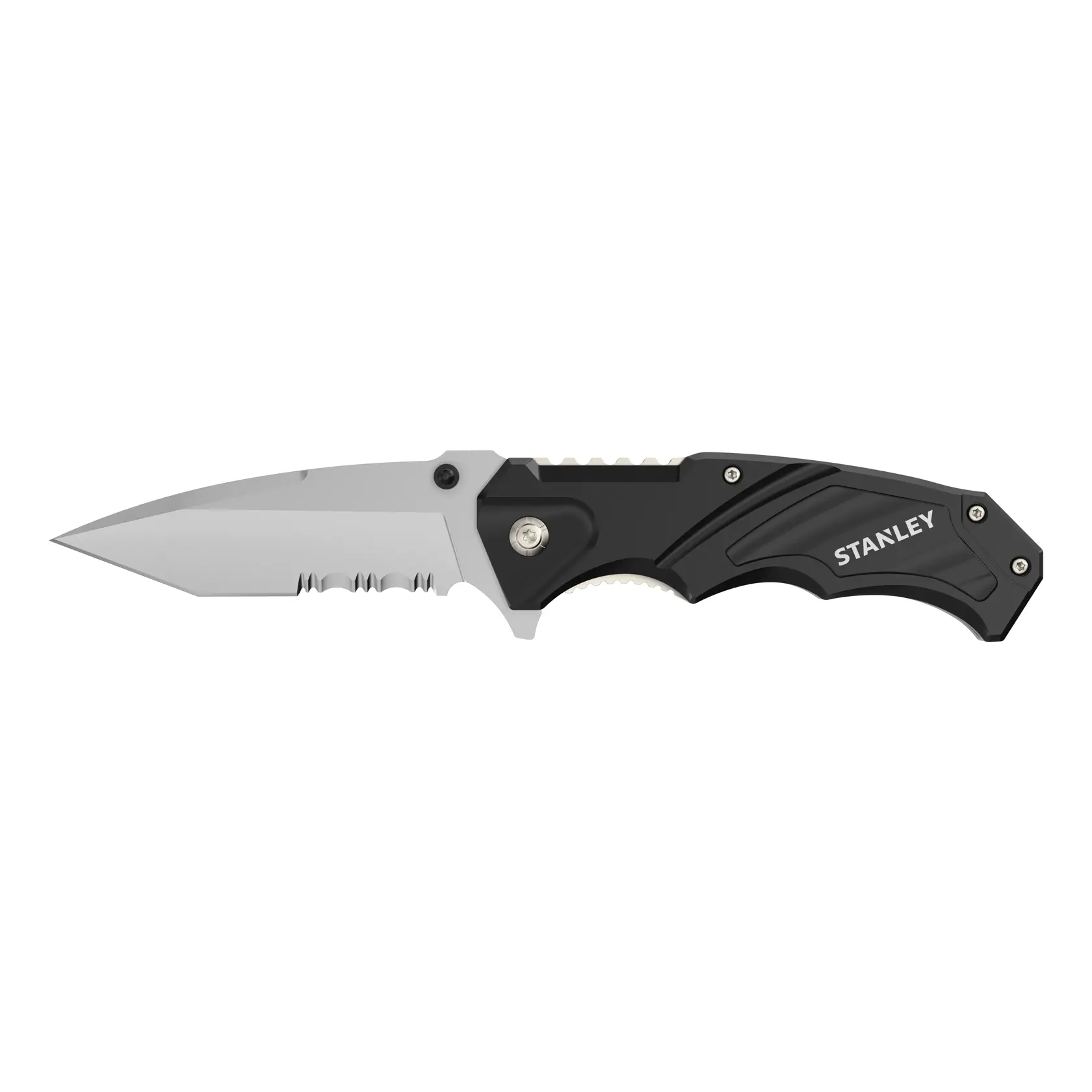 Stanley FMHT0-10311 folding utility knife, side angle, metallic body, black grip, closed position.