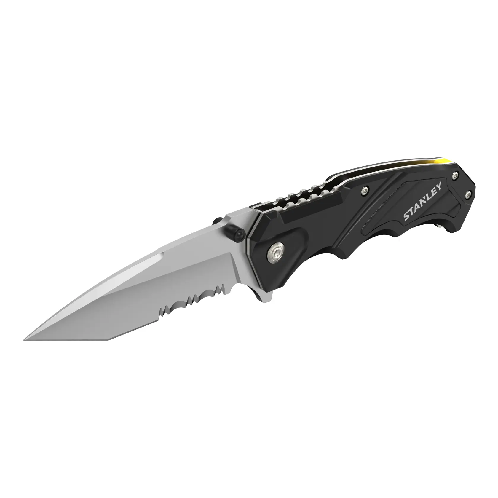 STANLEY FMHT0-10311 folding knife, side angle, black and metallic handle, partially serrated blade.