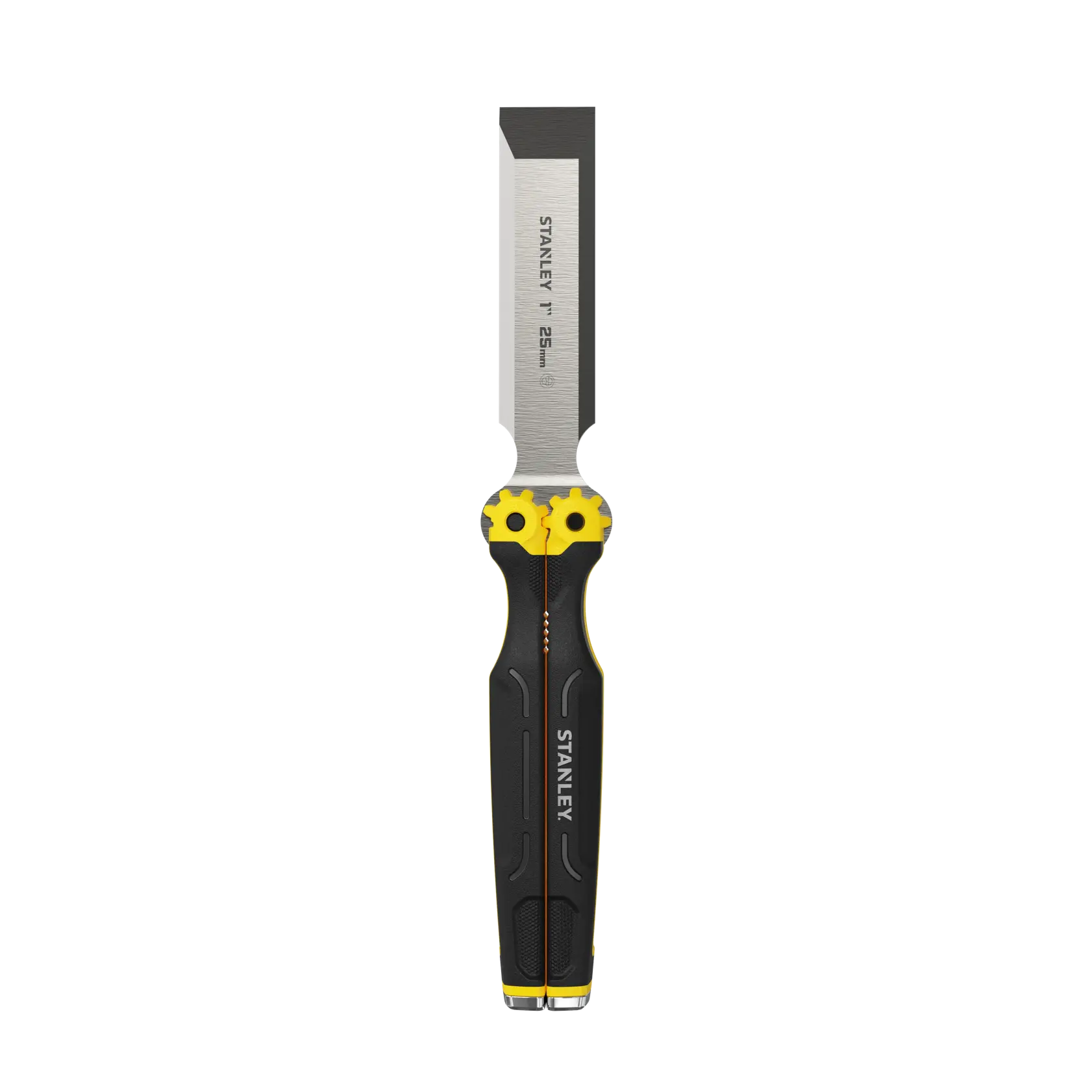 STANLEY FMHT0-16145 chisel with black and yellow handle, front angle, white background.