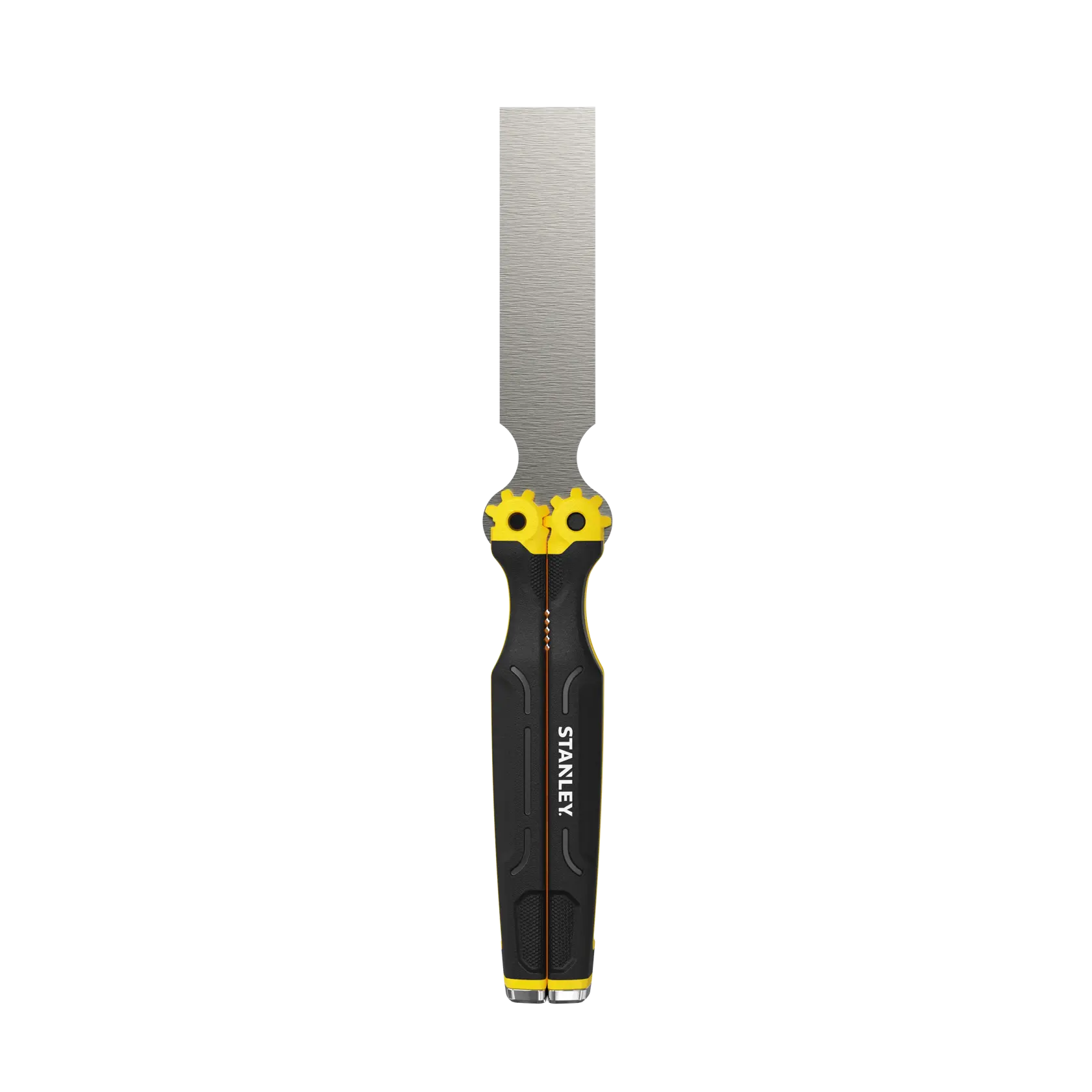 Stanley chisel with a black and yellow ergonomic handle and a metal blade, shown upright against a white background.
