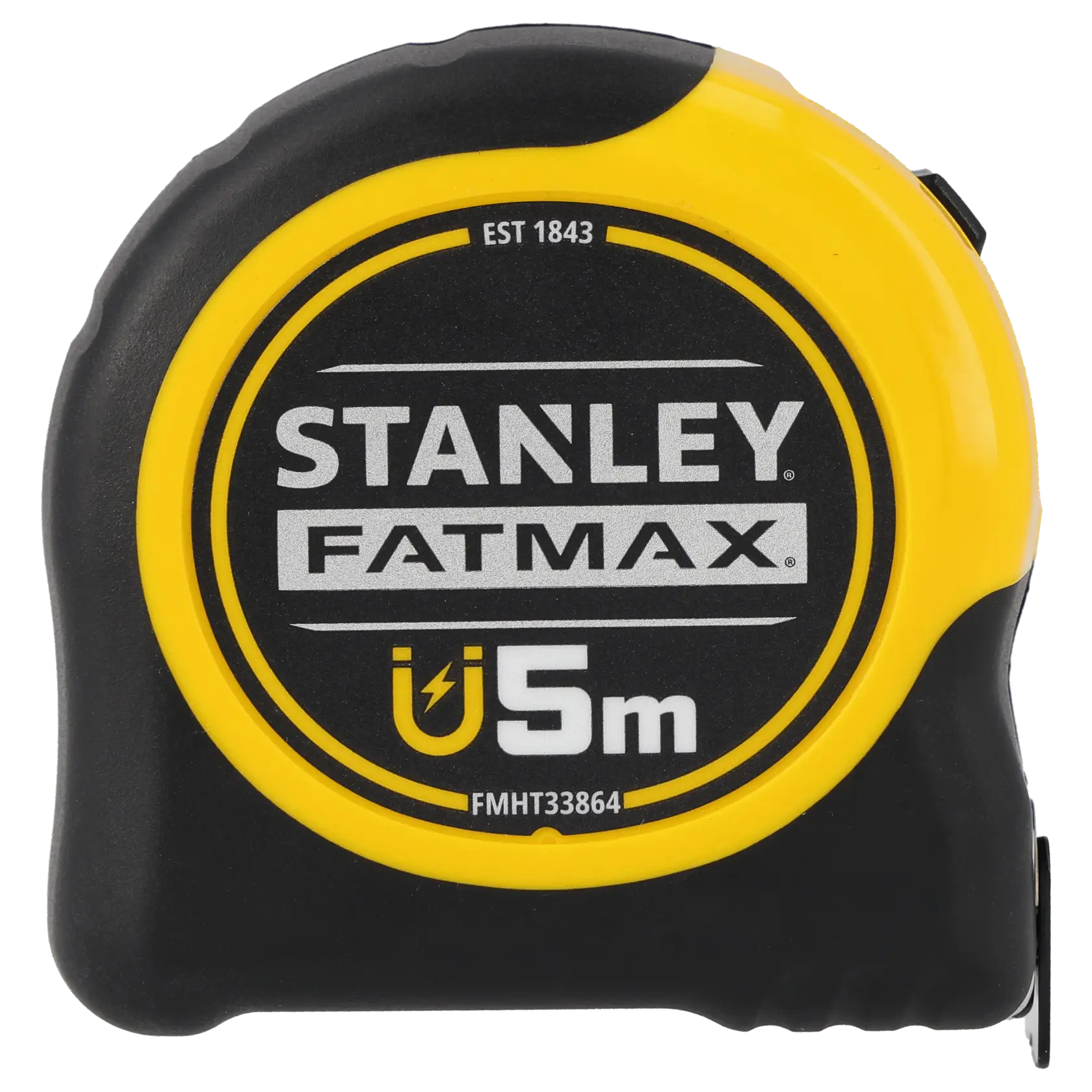 Photo of STANLEY FMHT0-33864 tape measure, FATMAX 5m, black and yellow, front view on white background.