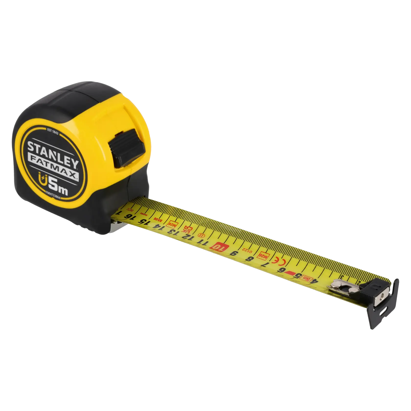 STANLEY FATMAX FMHT0-33864 tape measure, 5m length, yellow and black casing, extended tape, front angle.