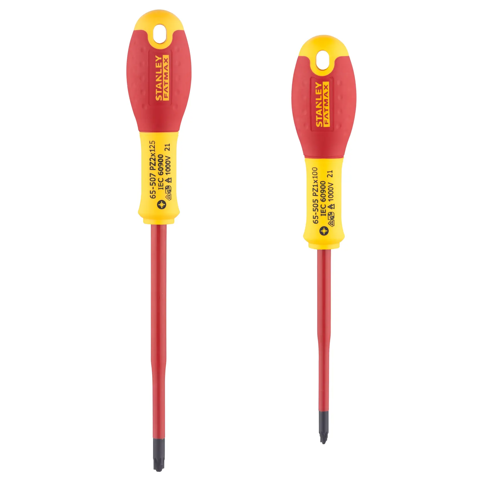 STANLEY FMHT0-62649 insulated screwdriver set, two screwdrivers with red and yellow handles, front view on white.