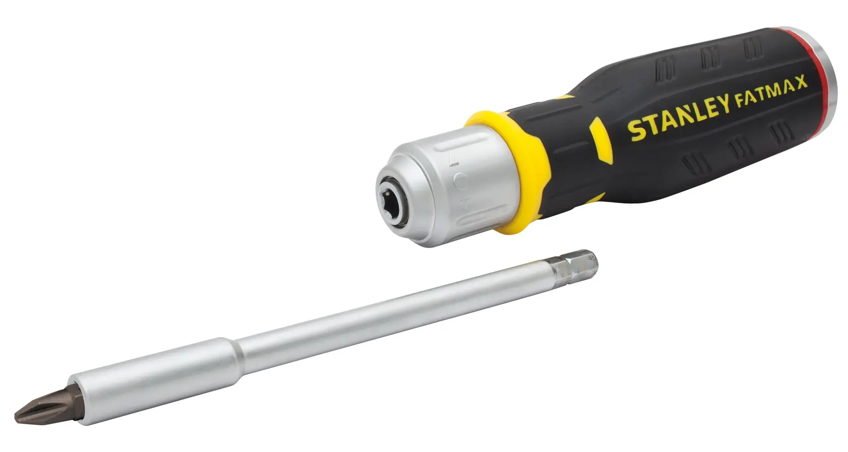 Stanley FatMax ratcheting screwdriver with interchangeable bit shown beside handle.